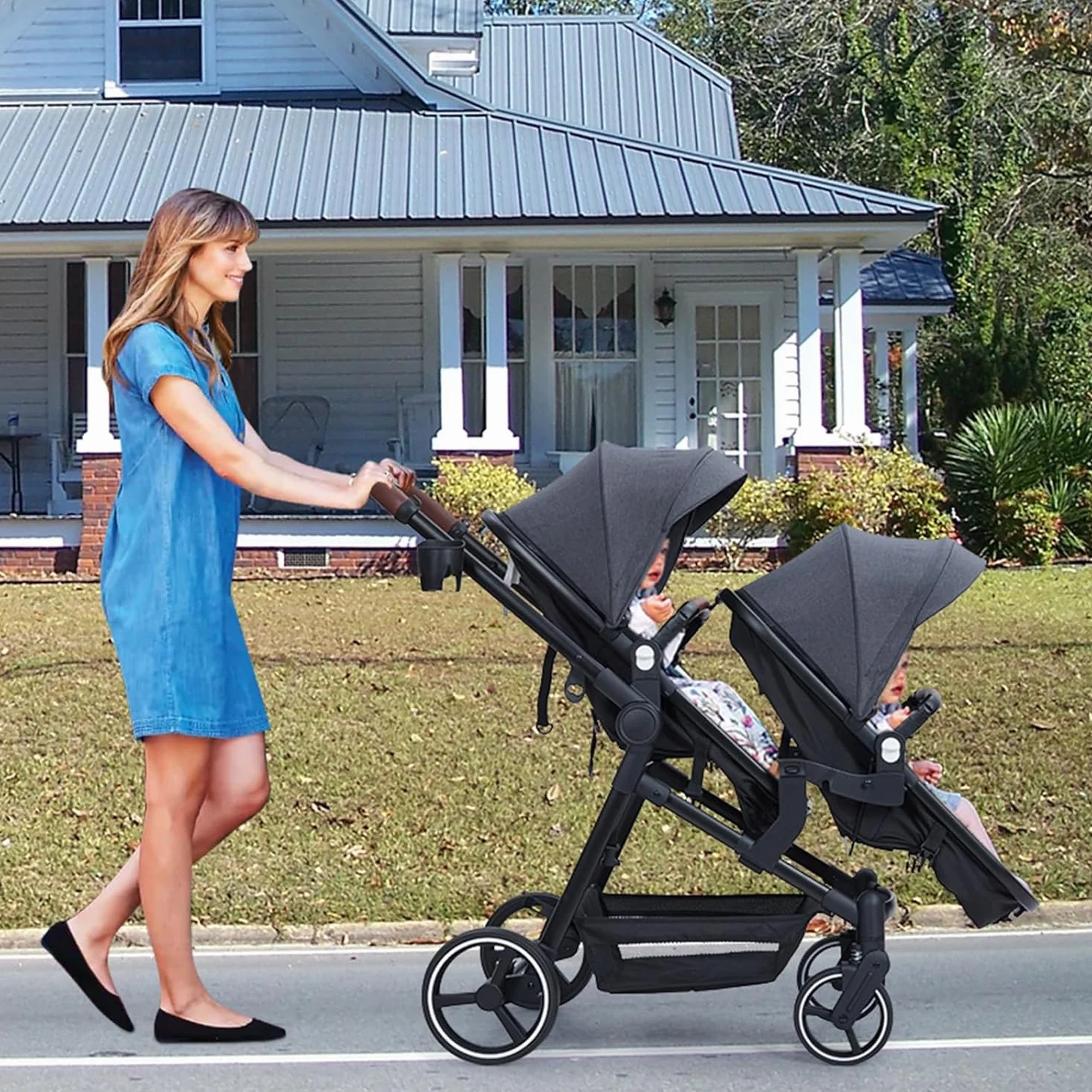 Poussette Double Légère Landau Pliable de Voyage, Poussette Tandem Compacte Avec Siéges Réversibles, Nacelle Bébé, Charge Max 30 kg, de la Naissance à 36 Mois
