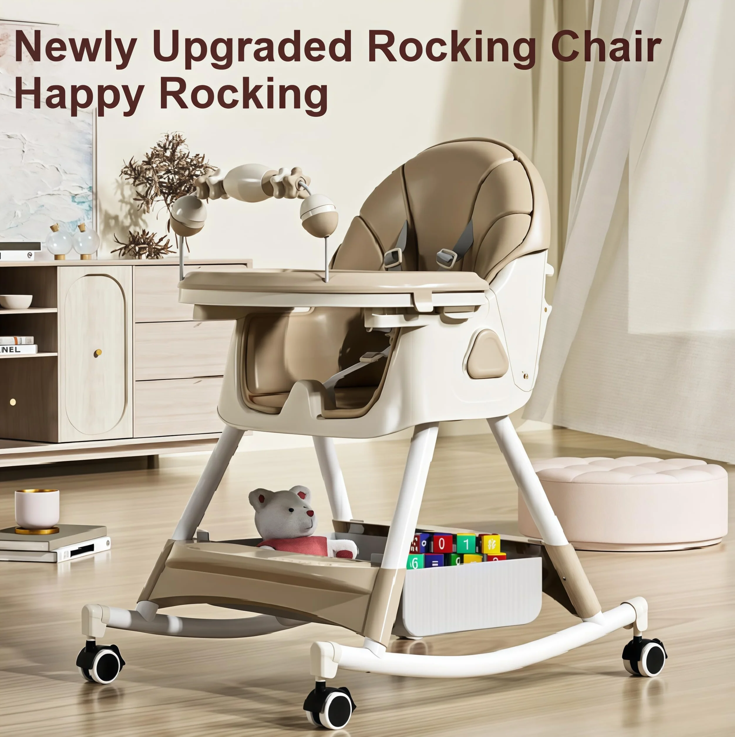 MoLi Cuir PU Chaise Haute Bébé avec Fonction Bascule, Chaise Haute Bébé Evolutive à Roulettes, Réglable et Facile à Plier Chaises Hautes, Chaises Bebe avec Double Plateau (560 Khaki)
