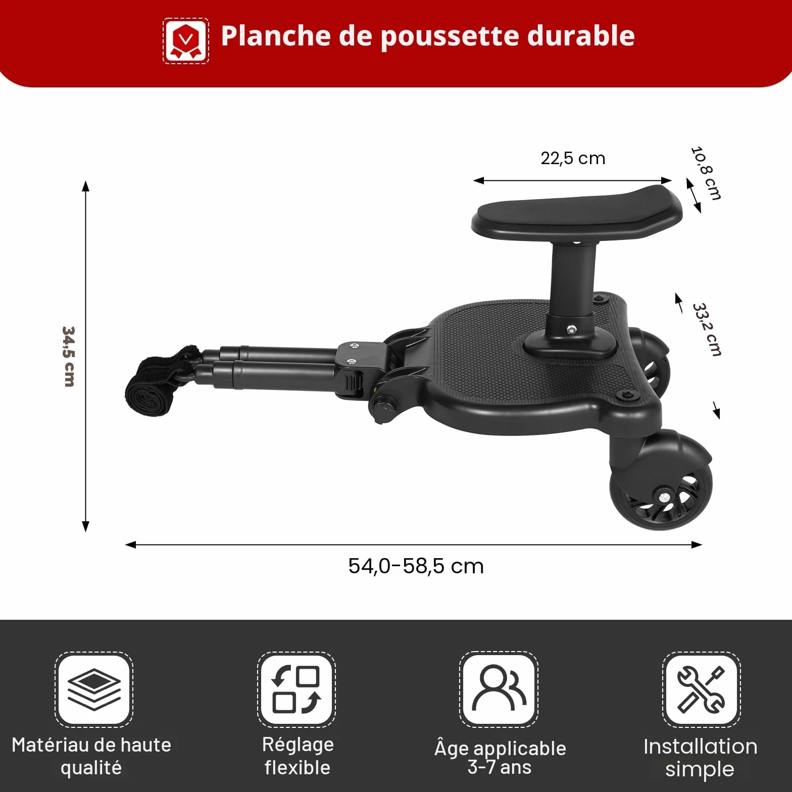 Marchepied de poussette universel pour poussette avec siège, siège amovible et assemblé carte, repose-pieds buggy board pour enfants de 2 à 6 ans (25 kg)
