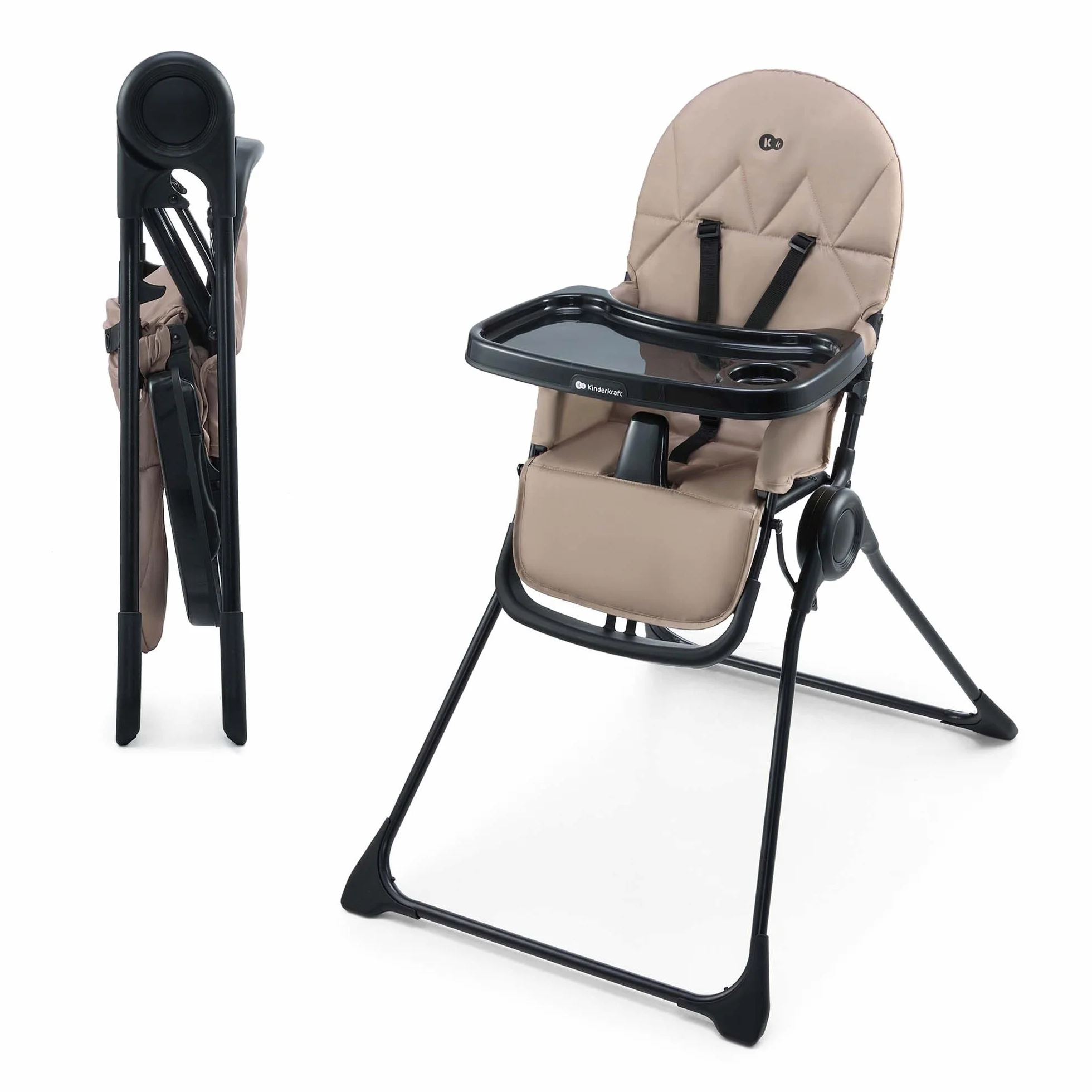 Kinderkraft BINCI chaise haute, légère et pliable, 5 kg, avec plateau, repose-pieds et harnais 5 points, idéale pour petits espaces et voyages, Beige