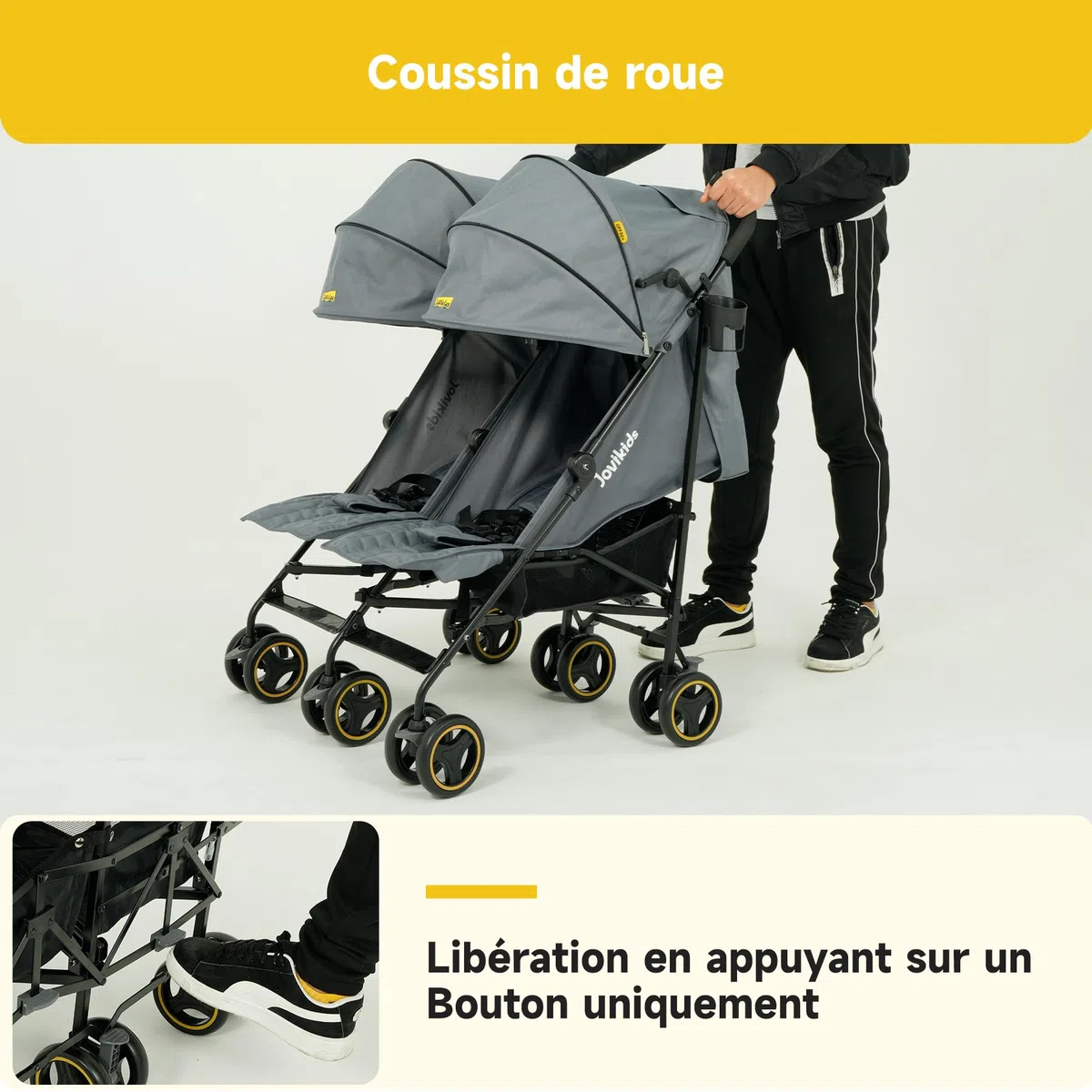 Jovikids Poussette double avec fonction allongée, pliable, avec pare-soleil, capote de pluie et porte-gobelet