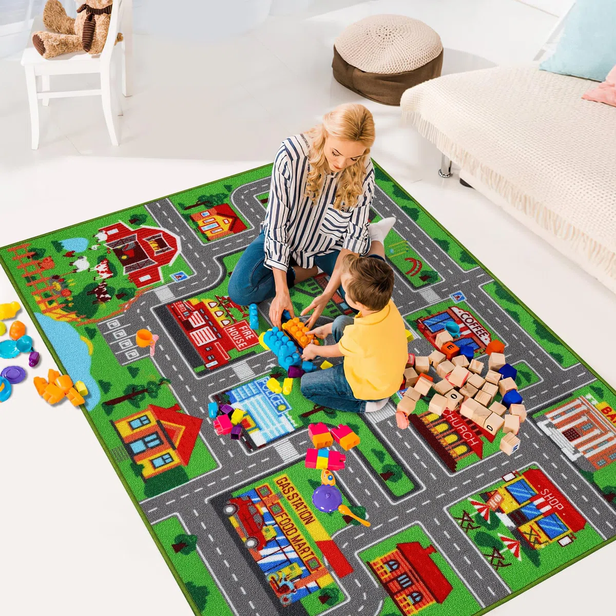 Tapis de jeu pour enfants, motif carte routière urbaine pour salle de jeux, chambre à coucher, salon (100 cm x 150 cm)