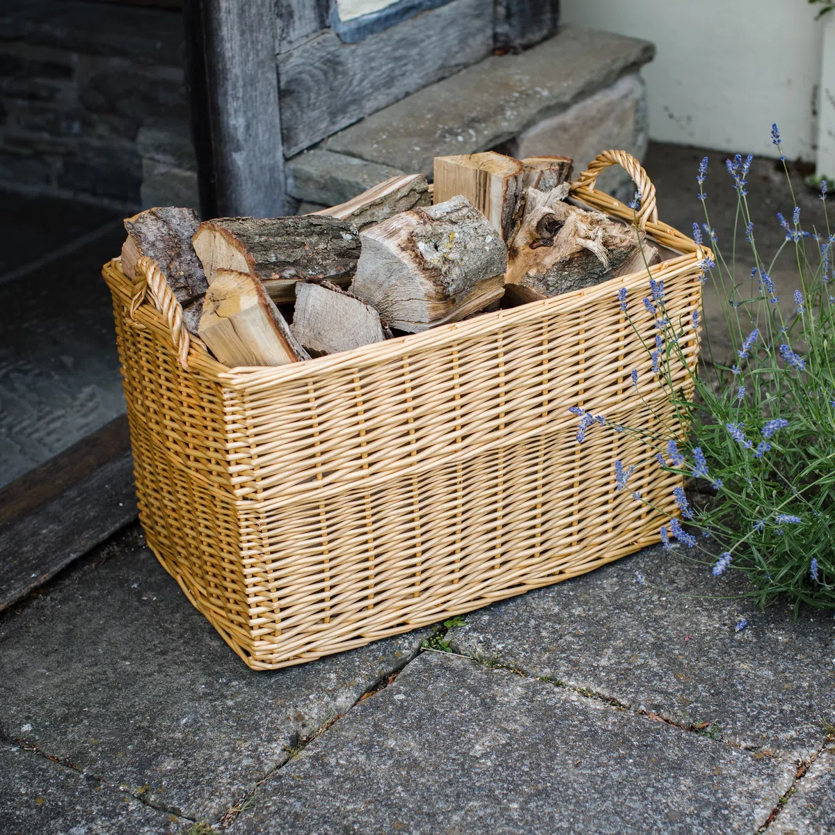 Panier de luxe rectangulaire en osier avec doublure et poignées (moyen, naturel)