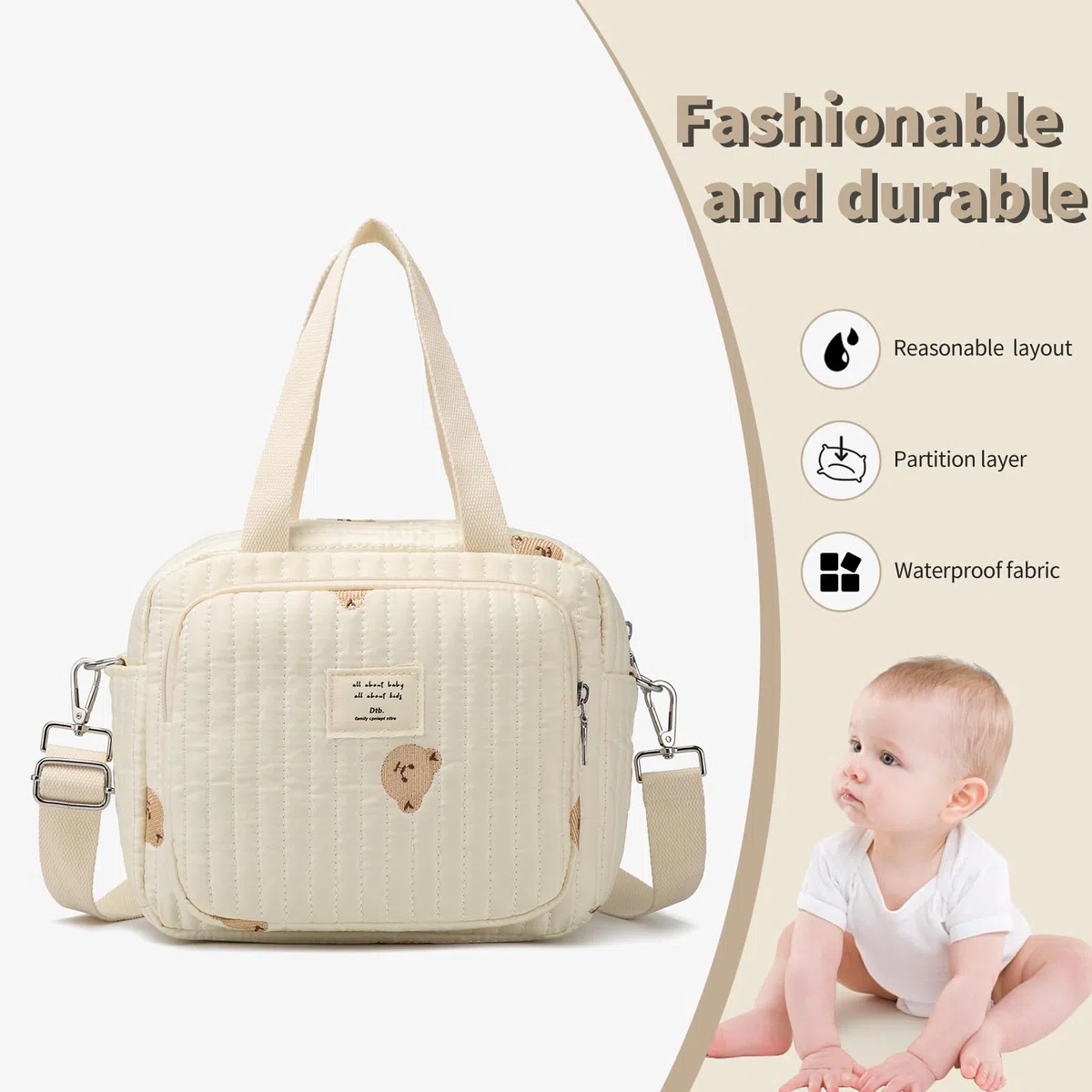Petit sac à langer bandoulière 7 poches blanc cassé pour bébé