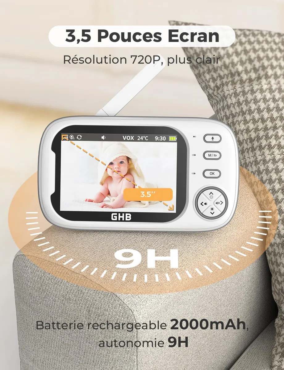 GHB Babyphone Camera Écran LCD 3,5 inches Camera Surveillance Bebe 4X Zoom 8 Berceuses sans WiFi 2,4 GHz Surveillance de Température Vision Nocturne