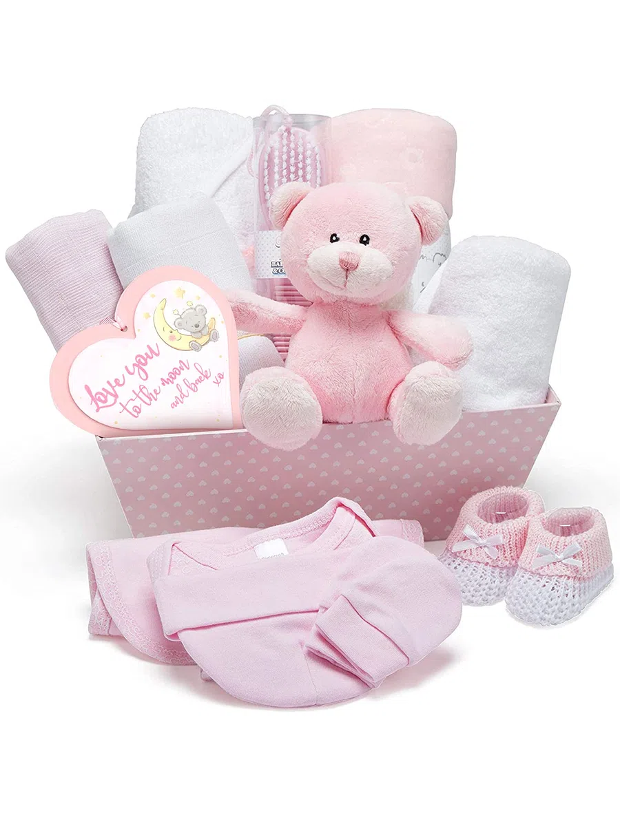 Baby Box Shop Coffret Naissance Rose pour Bébés Filles – Kit de Naissance avec Vêtements Bébé Fille, Lange en Polaire, Serviette avec Capuche 2 Étoffes en Mousseline et Un Adorable Ourson en Peluche