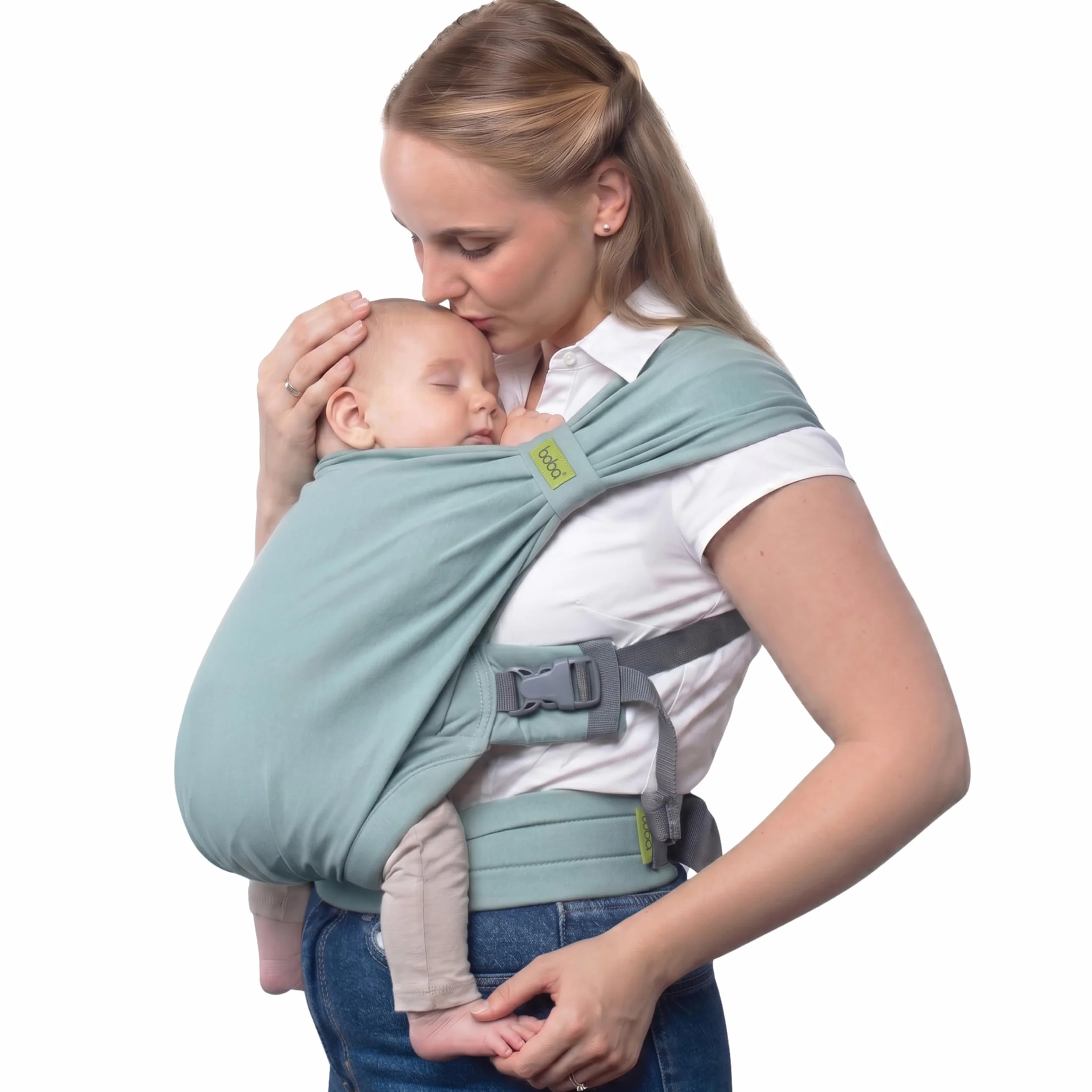 Boba Bliss Porte Bébé Pour Nourrissons/Jeunes Enfants Pesant Entre 3,2 et 16 kg, Hybride et 2 en 1, Écharpe de Portage Bébé Sans Nœud, Bon Positionnement des Hanches, Doux et Élastique (Sea Mist)