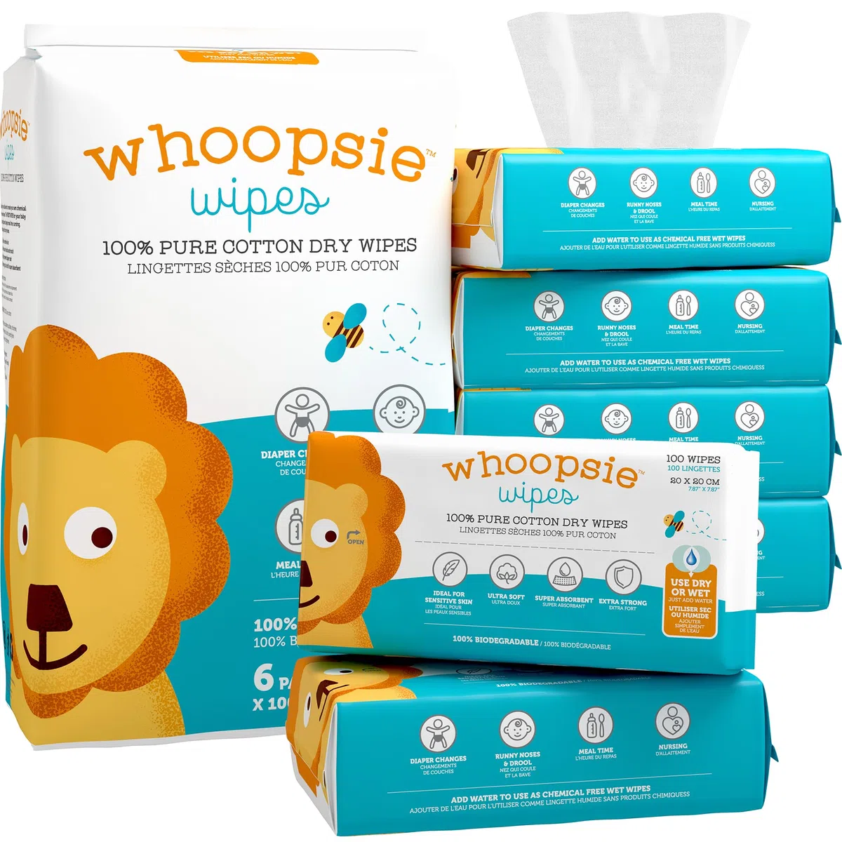 Lingettes sèches 100% coton | 600 pièces | Usage humide ou sec | Douces et hypoallergéniques | Résistantes et absorbantes | Parfaites pour les changes