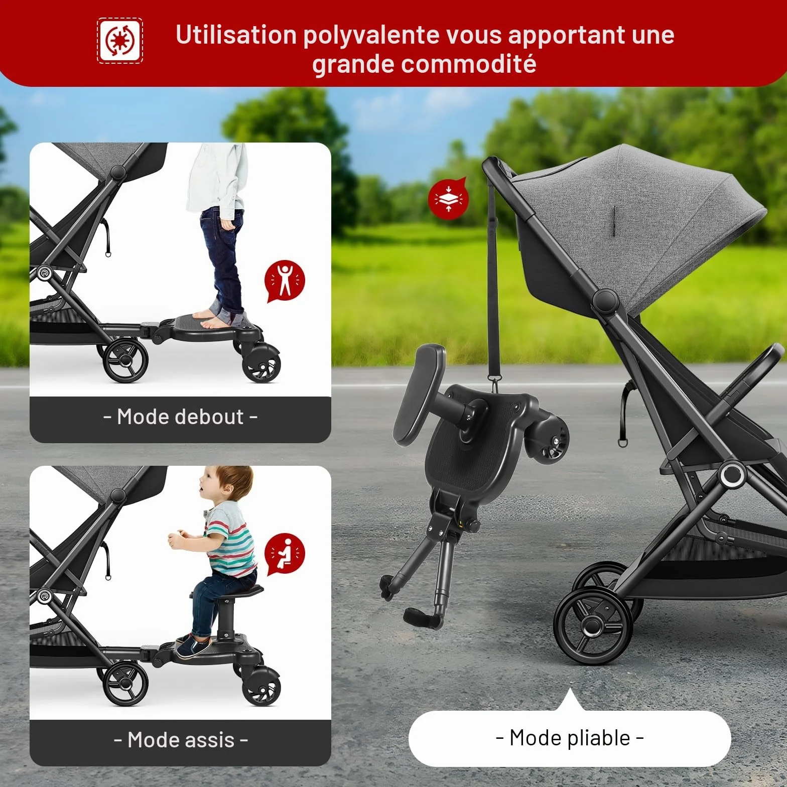 Marchepied de poussette universel pour poussette avec siège, siège amovible et assemblé carte, repose-pieds buggy board pour enfants de 2 à 6 ans (25 kg)
