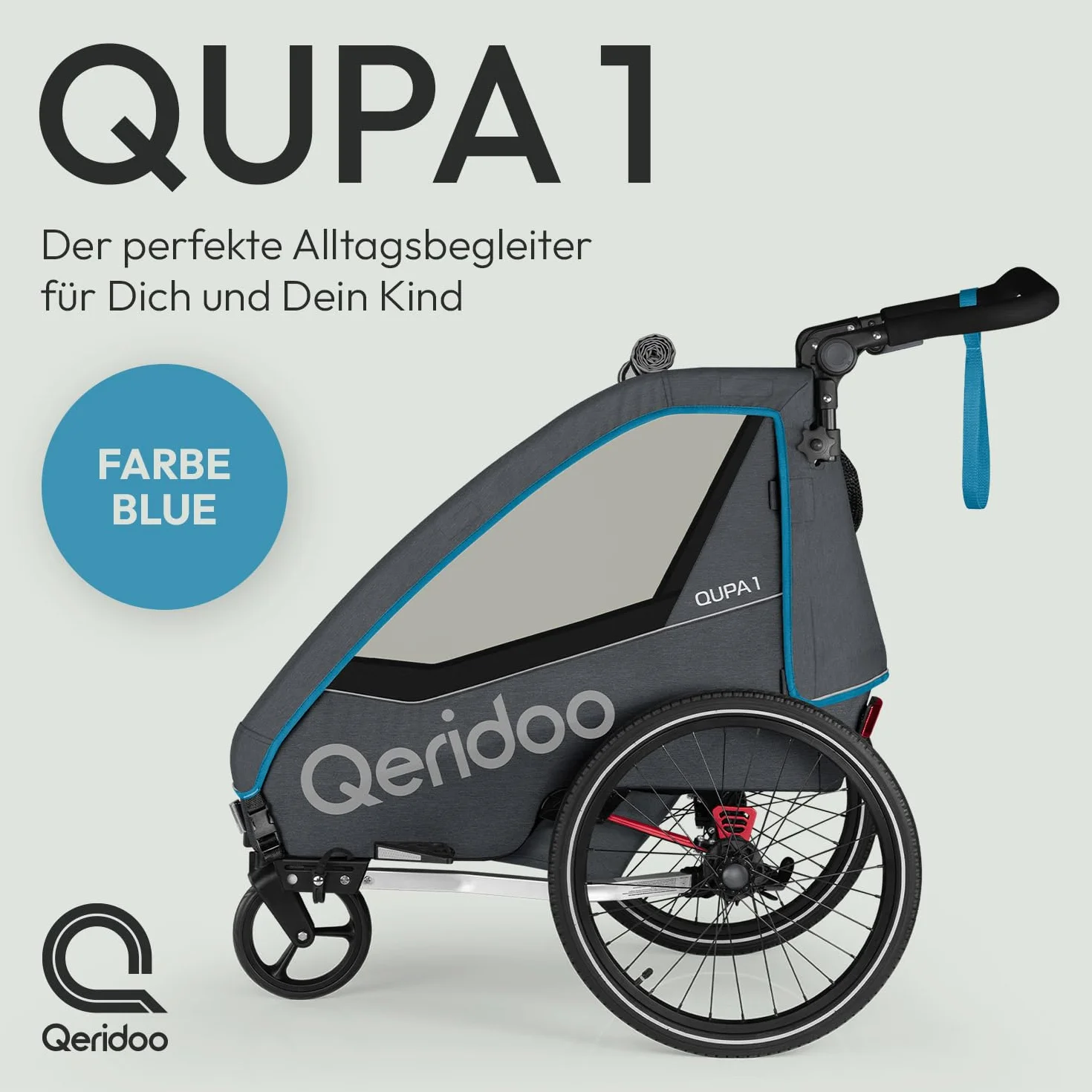 Qeridoo Qupa 1 Remorque de vélo avec suspension à lames, cabine pliante, banquette arrière amovible, buggy, système de harnais 5 points