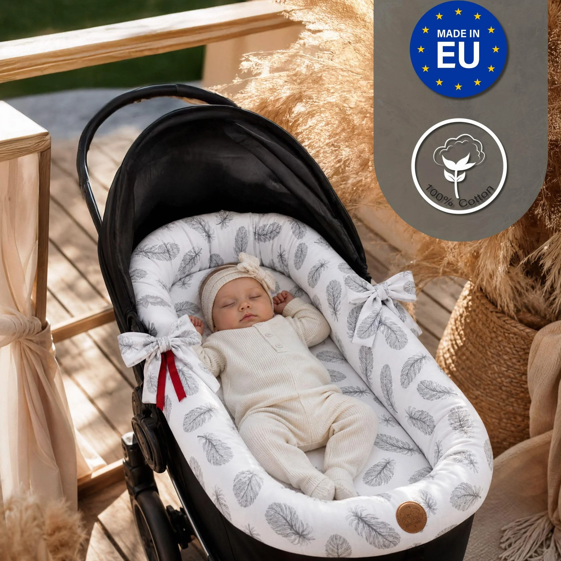 Housse de Nacelle Universelle en Mousseline de Coton – Habillage Respirant qui Habille et Protège la Poussette – Set 3 Pièces avec Coussin et Matelas pour Nouveau-né Plumes