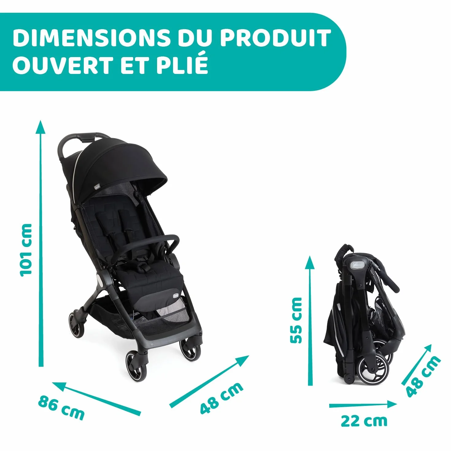 Chicco We Poussette Ultra-compacte, Pliage Ultra-Légère,(0 Mois à 22 Kg), Poussette de voyage, Bagage à main, Inclinable avec Position de Couchage, Bretelles Rembourrées, Capote Protection Pluie, Noir