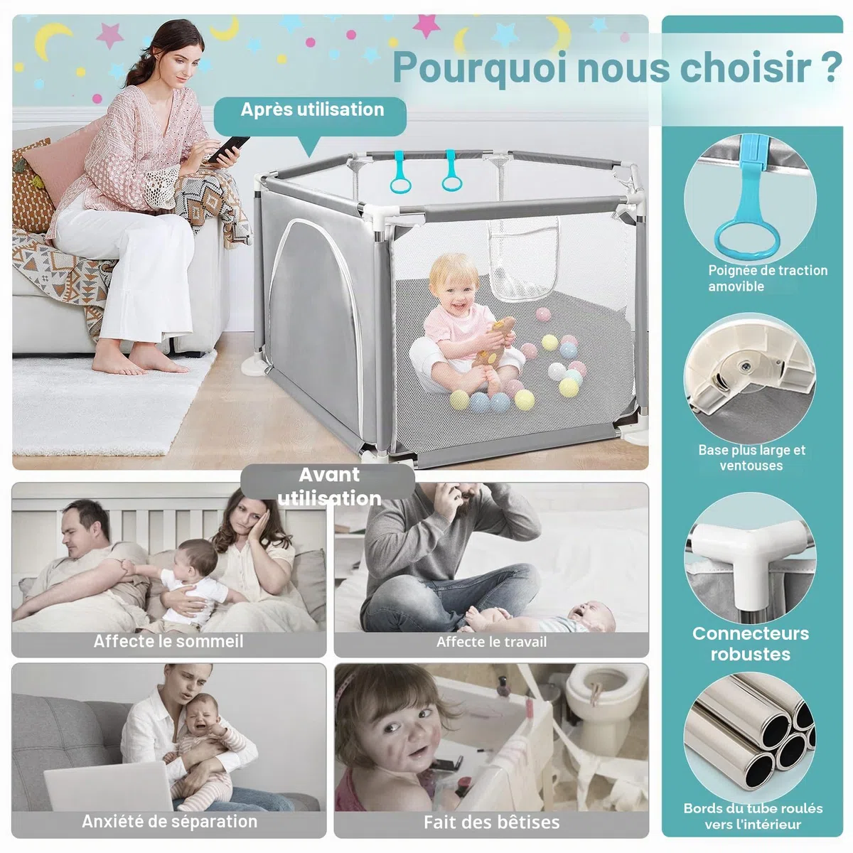 CHOLY Parc pour bébé et tout-petits, parc hexagonal stable avec filet respirant, clôture d'activités pour enfants pour l'intérieur et l'extérieur avec sac de voyage (gris clair)