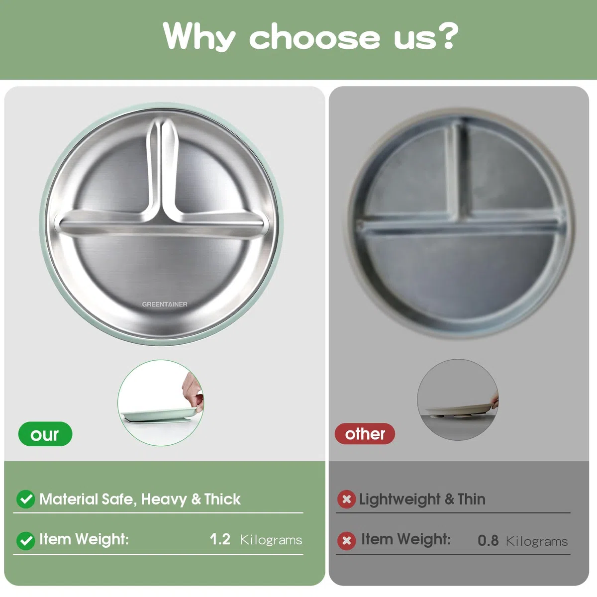 Greentainer Lot de 3 assiettes en acier inoxydable, assiette divisée en silicone avec base adhésive, ustensiles pour tout-petits pour l'alimentation du bébé, sevrage à la demande du bébé, réutilisable