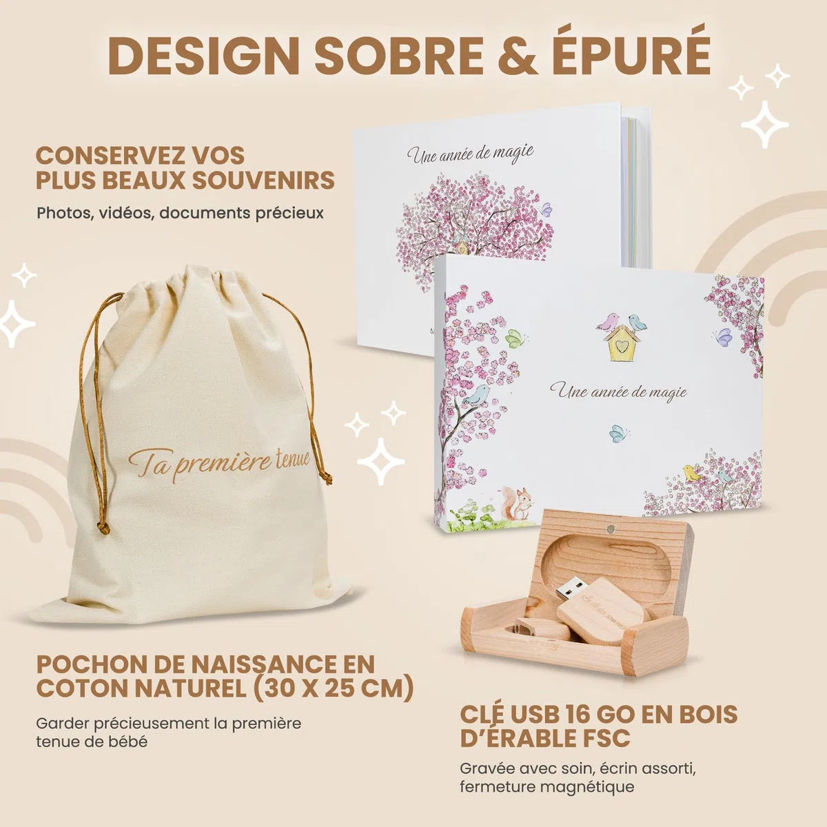 Livre de naissance bébé avec Clé Usb pour les souvenirs numérique et Pochon pour la 1ère tenue- Album Photo Bebe 116 pages pour coller vos photos et écrire - Idéal Cadeau naissance fille et garçon