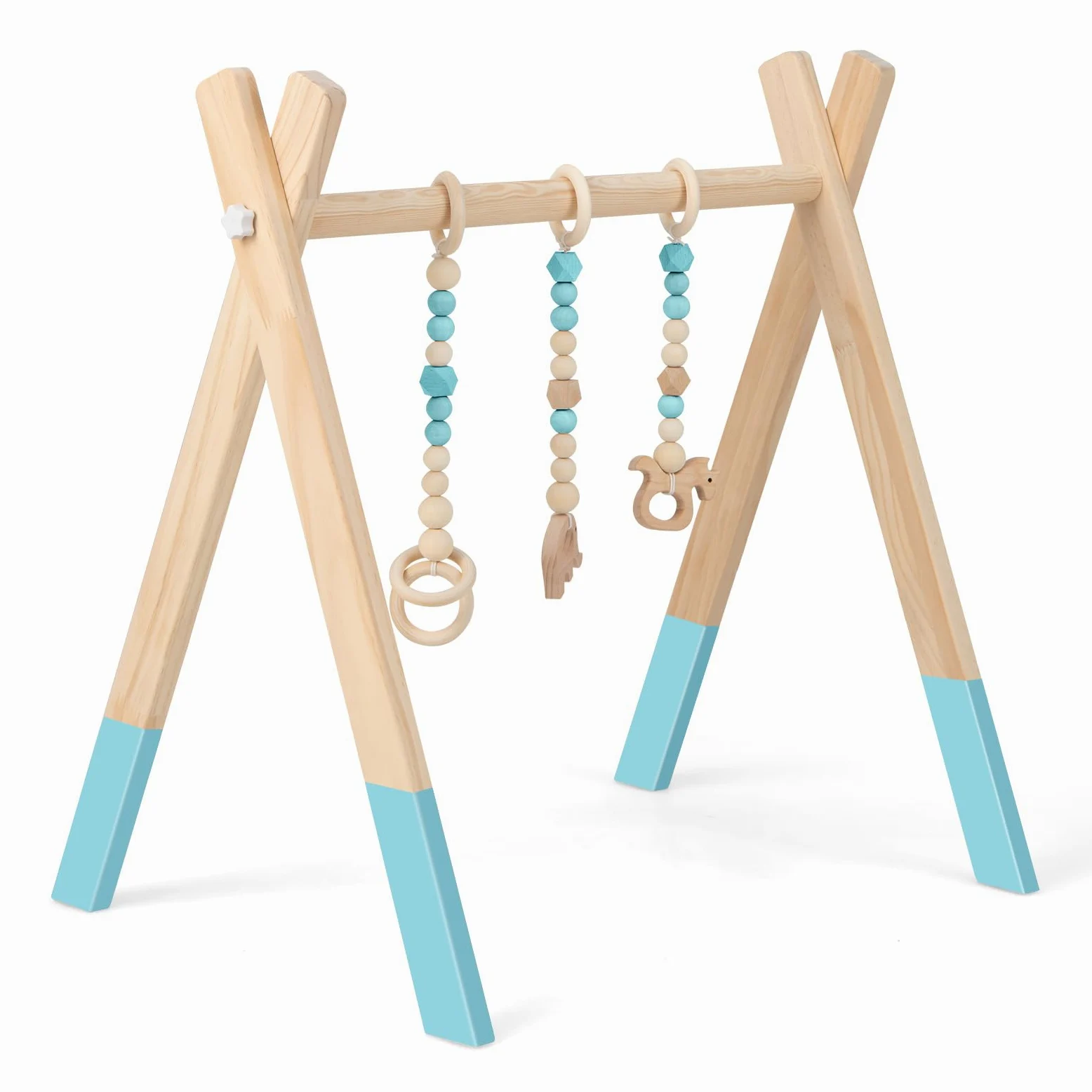 DREAMADE Portique d’Éveil avec Jeux Suspendus en Bois, Arche de Jeux Pliable avec Structure Triangulaire, Arche d'Activité pour Bébé Plus de 3 Mois (Vert+Bois)