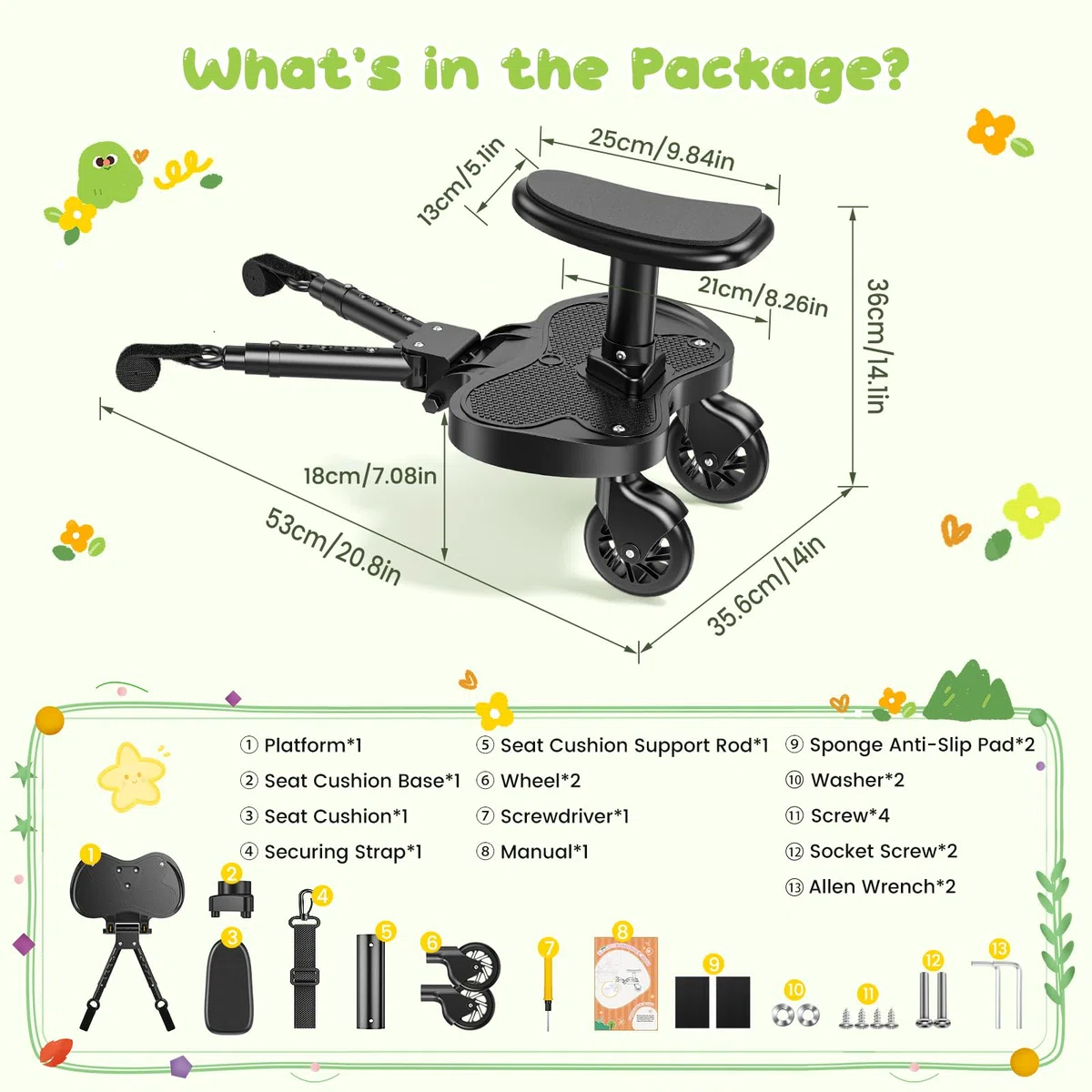 Planche Poussette Universelle, Skate Poussette Universelle, Portable Kiddy Boards avec Sangle de Suspension, Planches à Roulettes pour bébé pour Enfants de 2 à 6 Ans (25kg)