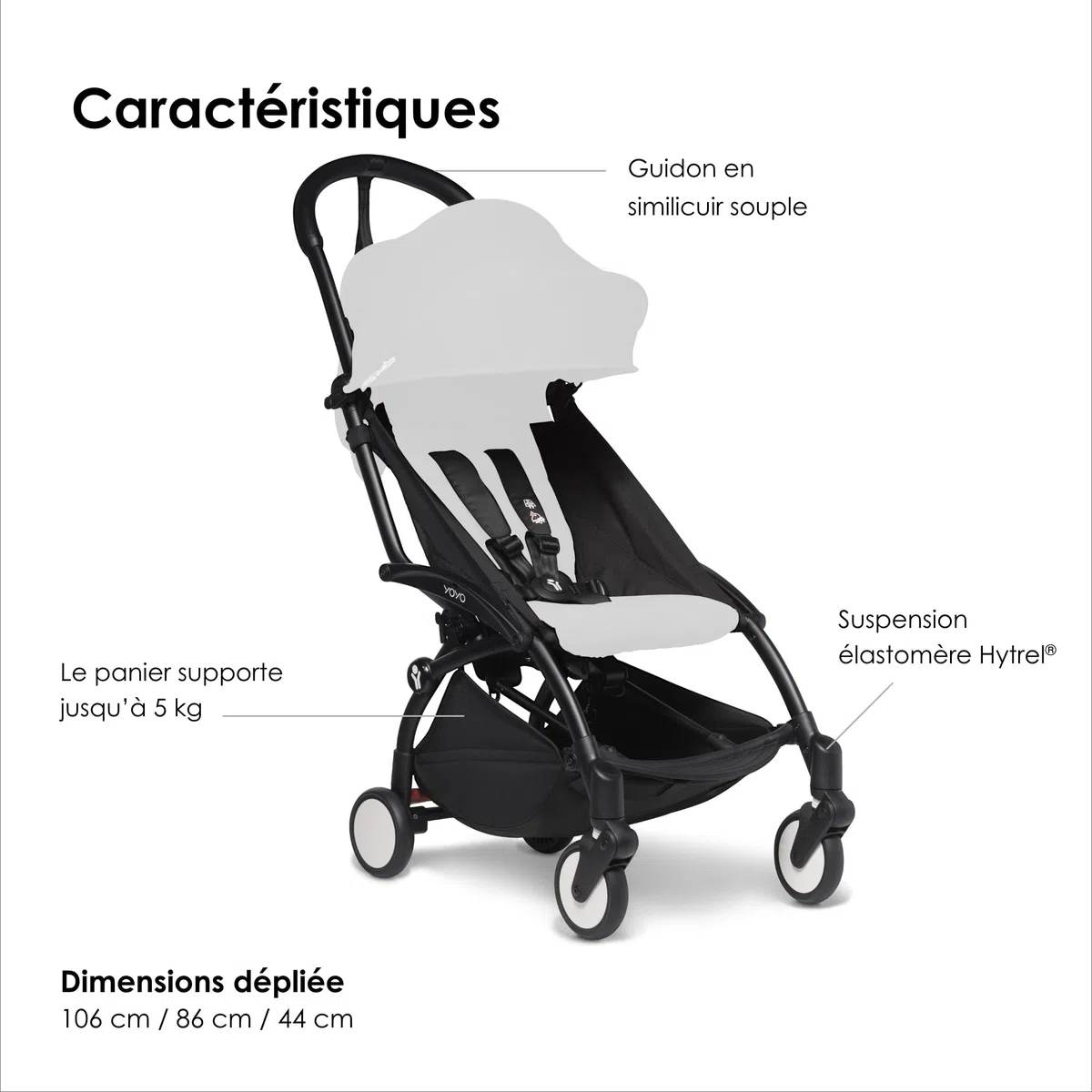 Cadre YOYO2, Noir - Pack textile non inclus - Est livré avec un harnais à 5 points, un dossier inclinable, des arceaux de capote, une bandoulière rembourrée et une housse de protection