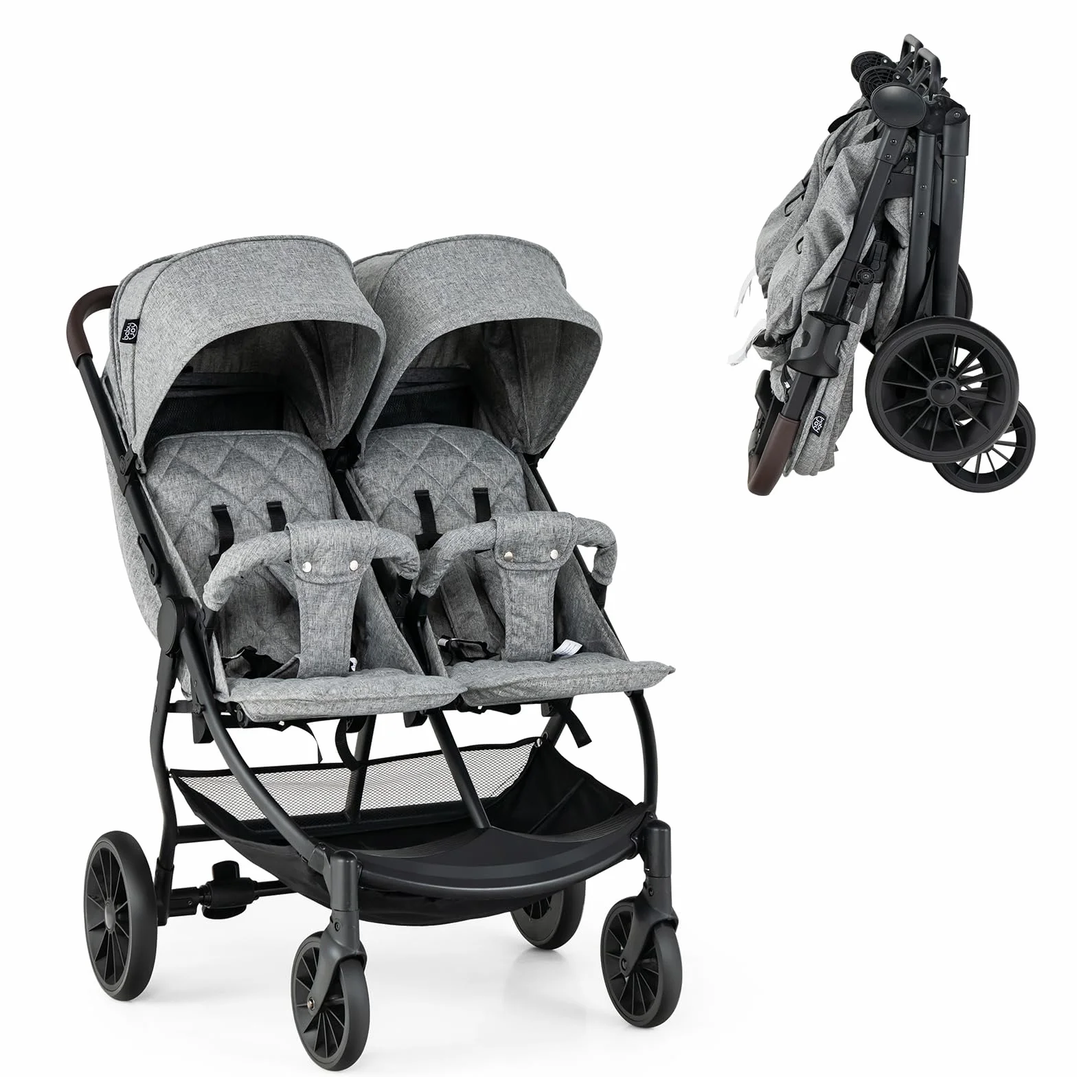 LIFEZEAL Poussette Double Côte à Côte, Tandem Jumeaux Pliable, Dossier Inclinable à 3 Positions, Repose-pieds, Harnais à 5 Points, Charge 15+15 kg, Bébé 0-3 ans (Gris clair)