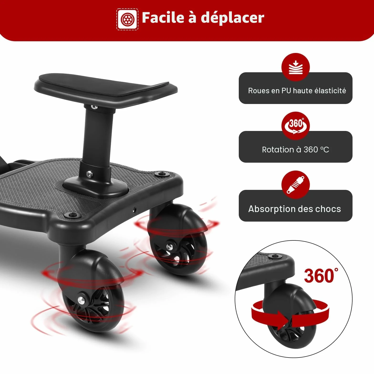Marchepied de poussette universel pour poussette avec siège, siège amovible et assemblé carte, repose-pieds buggy board pour enfants de 2 à 6 ans (25 kg)