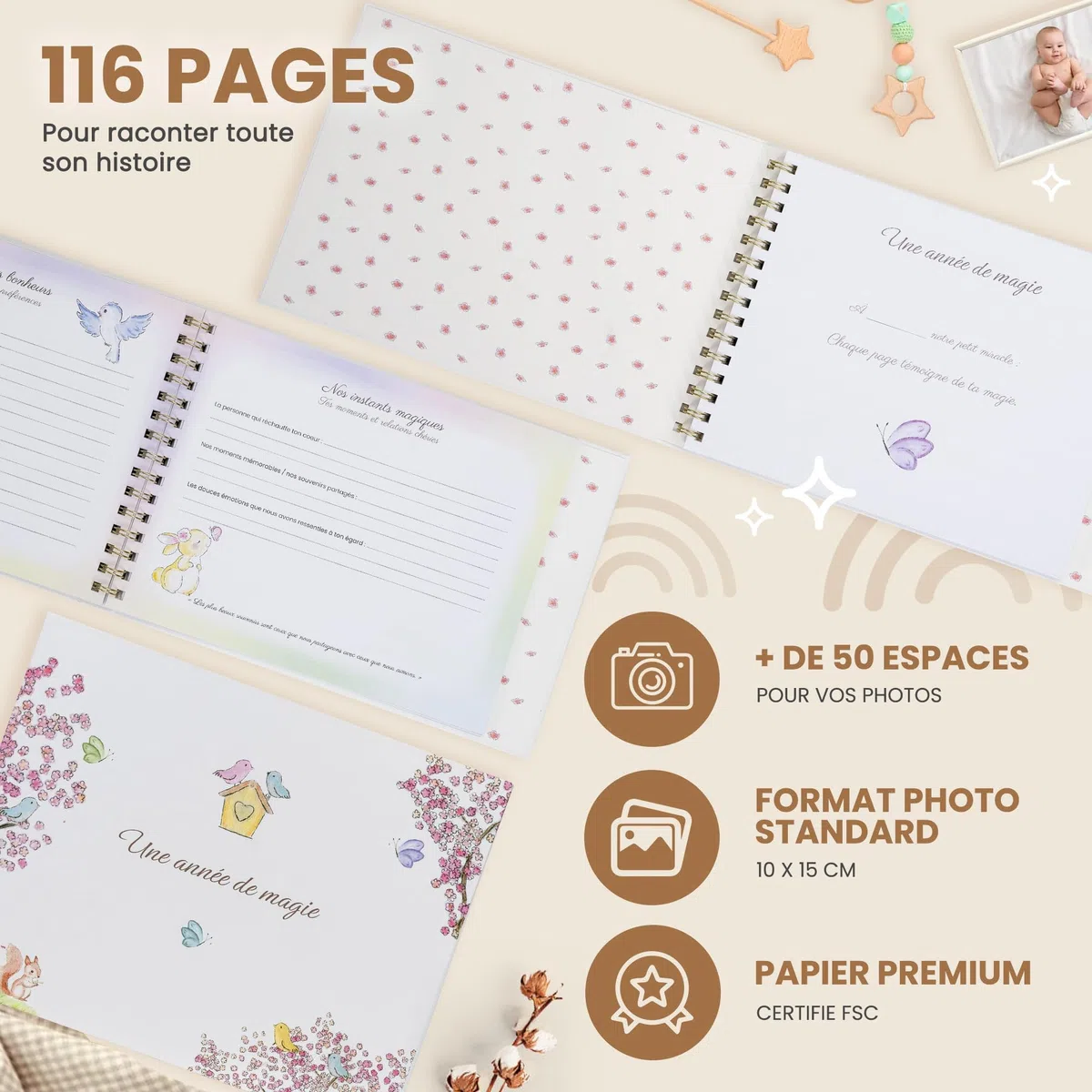 Livre de naissance bébé avec Clé Usb pour les souvenirs numérique et Pochon pour la 1ère tenue- Album Photo Bebe 116 pages pour coller vos photos et écrire - Idéal Cadeau naissance fille et garçon
