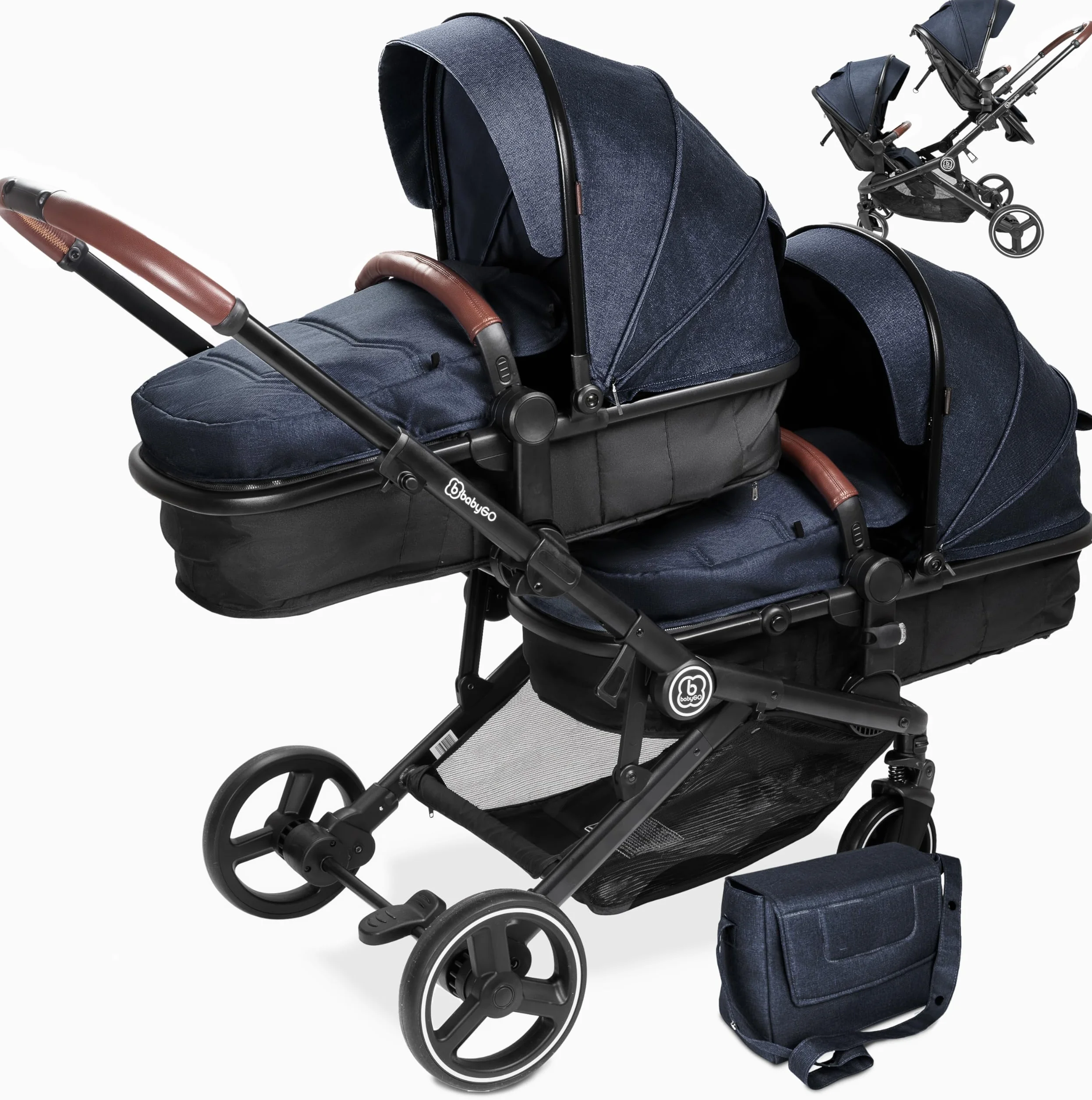 BABYGO Poussette 3 en 1 pour jumeaux - Poussette frère et sœur pour bébé - Poussette double pour 2 enfants avec de nombreux accessoires (gris anthracite chiné, sans nacelle)