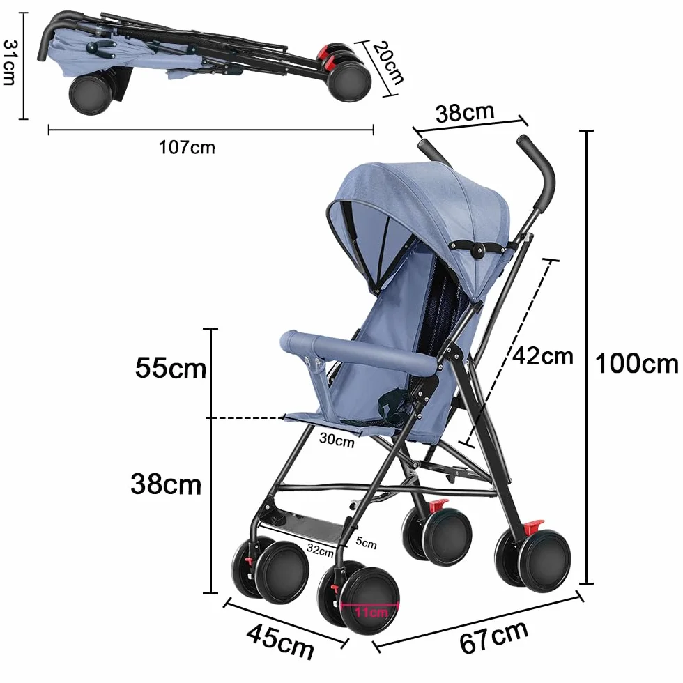 Poussette Canne 0-4 ans,Landau Poussette pour enfant,Pliable/Auvent Réglable/Roues Verrouillables/Coussin de Siège Confortable/Absorbant les Chocs et résistant à l'usure,L67cm x L45cm x H100cm (Bleu)