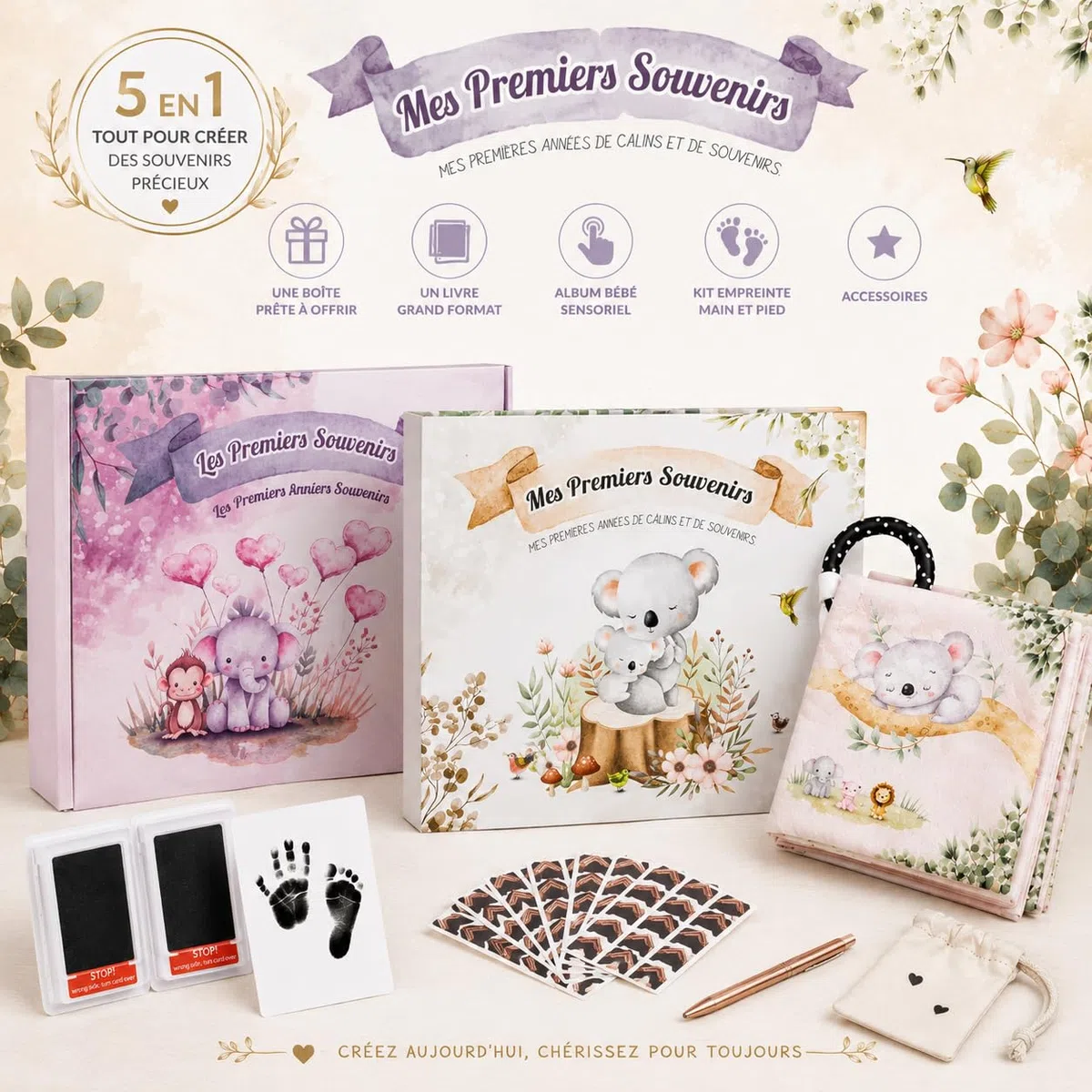 Cadeau de Naissance Bébé – Livre de Naissance Premium avec Album Tissu Sensoriel & Kit Empreintes | Coffret Souvenirs Bébé Fille et Garçon (0-5 ans)