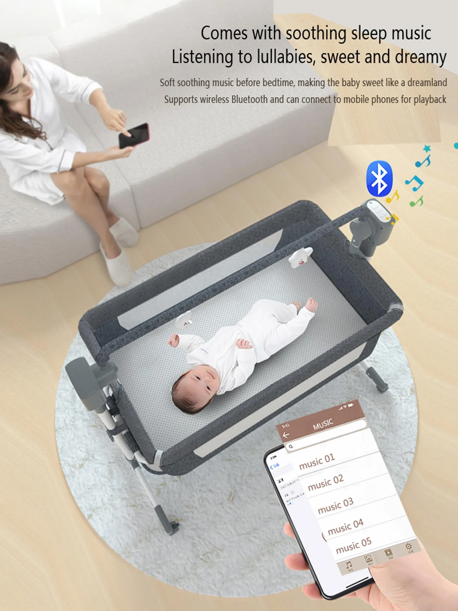Lit Cododo Bébé Électrique Bluetooth 5 Engrenages Balancement Matelas Musique 601 Brown