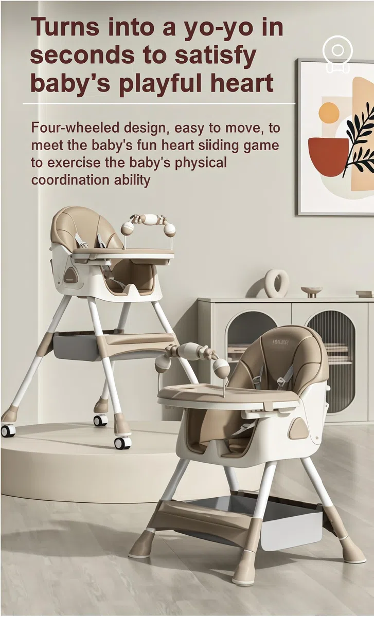 MoLi Cuir PU Chaise Haute Bébé avec Fonction Bascule, Chaise Haute Bébé Evolutive à Roulettes, Réglable et Facile à Plier Chaises Hautes, Chaises Bebe avec Double Plateau (560 Khaki)
