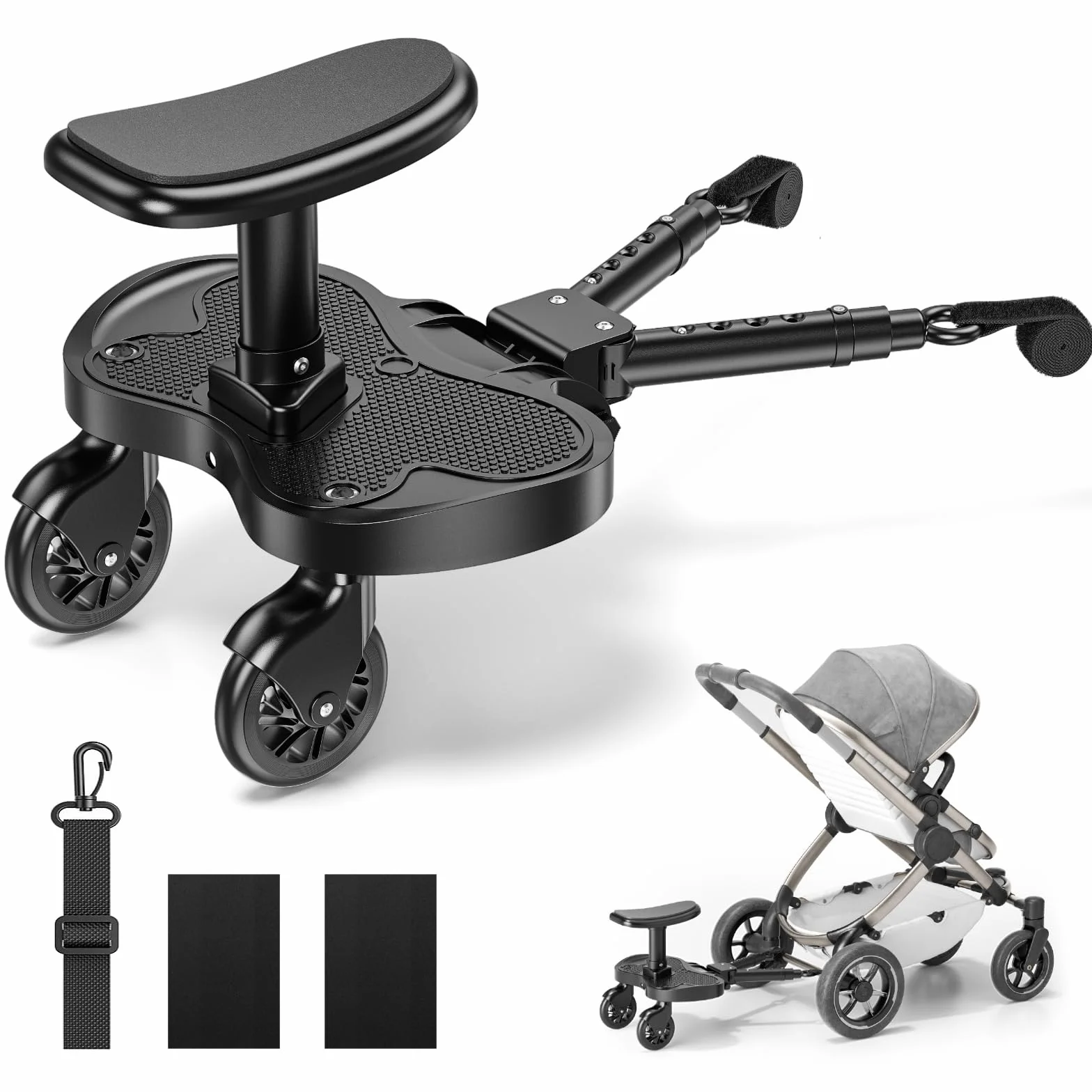 Planche Poussette Universelle, Marche Pied Poussette Universelle avec Siège, Compatible Avec 99% des Poussettes, Planches à roulettes pour Enfants de 2 à 6 Ans (25KG)