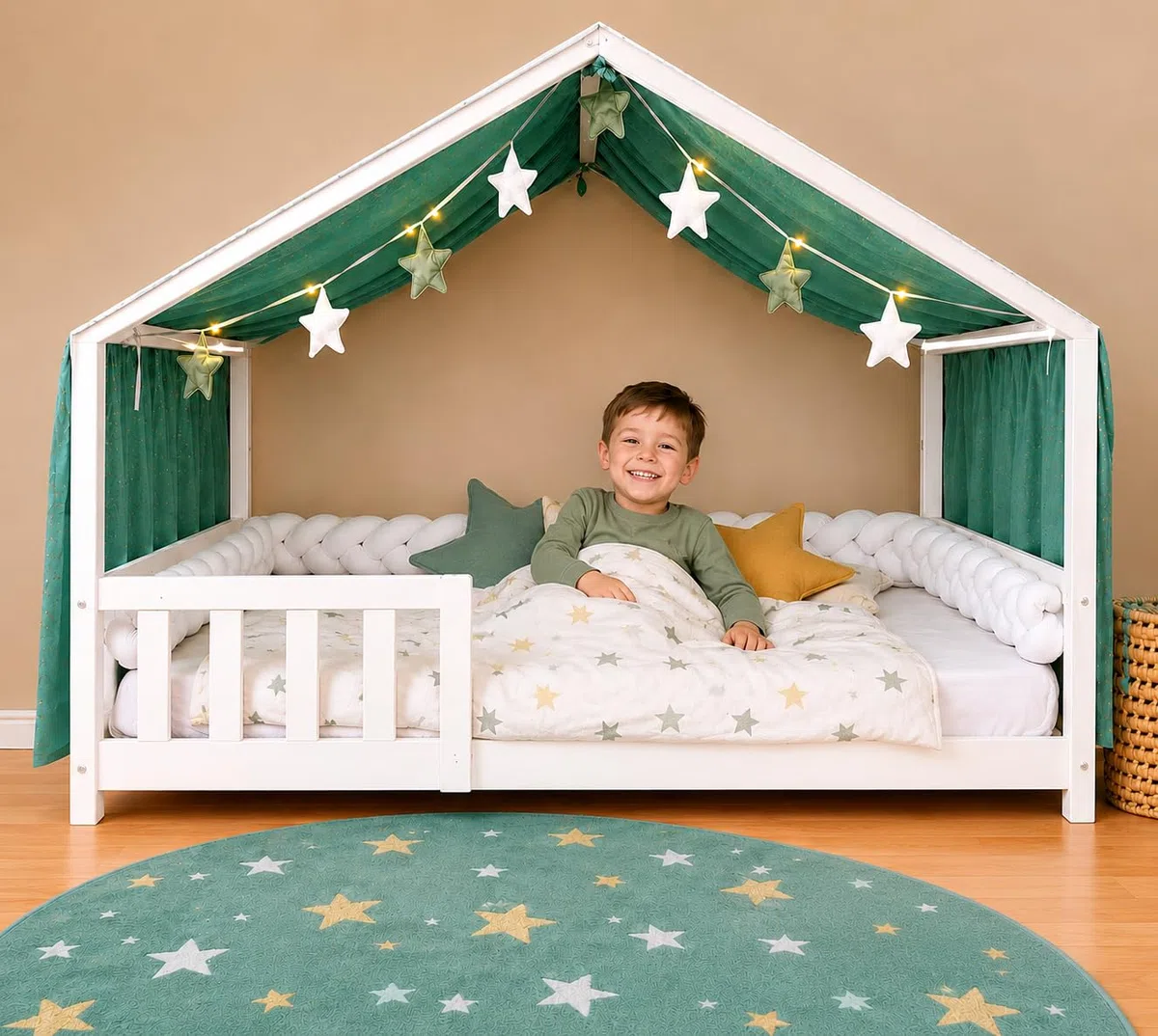 YellowNest Toile de Lit Cabane - Ciel de Lit Cabane 90x190 cm ou 90x200 cm - 100% Mousseline de Coton - sans Guirlande (Eucalyptus, 130 x 400 cm)