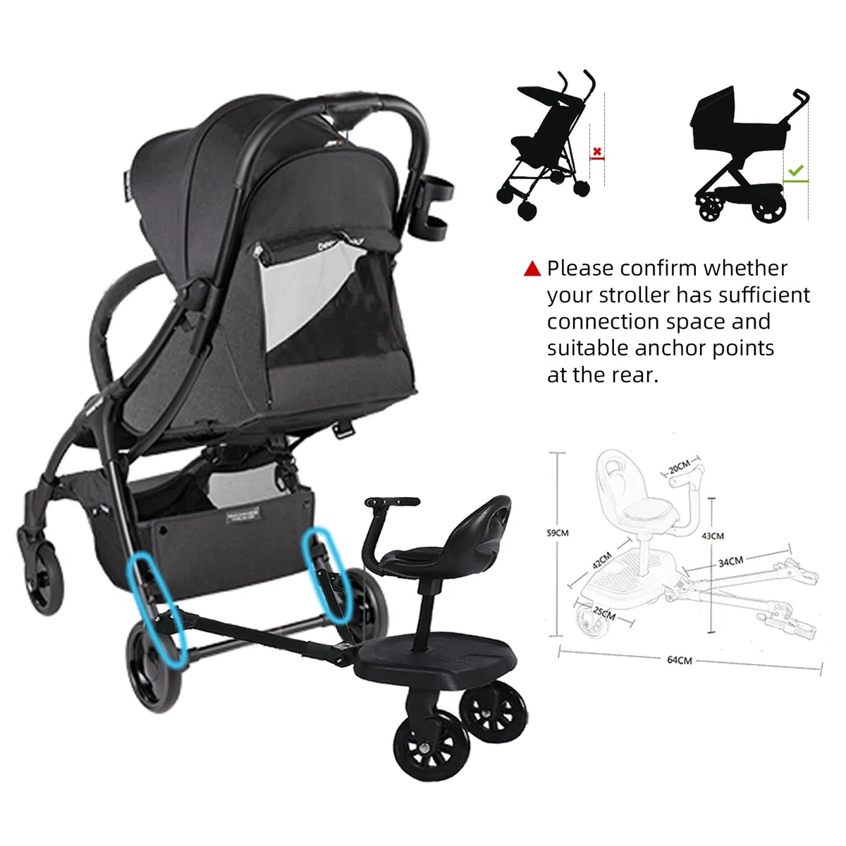 Planche de Poussette Universelle,Vihir Planches À Roulettes Pour Bébé, Buggy Board avec Siège, Adaptée Aux Enfants De 2 À 6 Ans, Avec Accoudoirs et Dossier, Démontage en un Clic