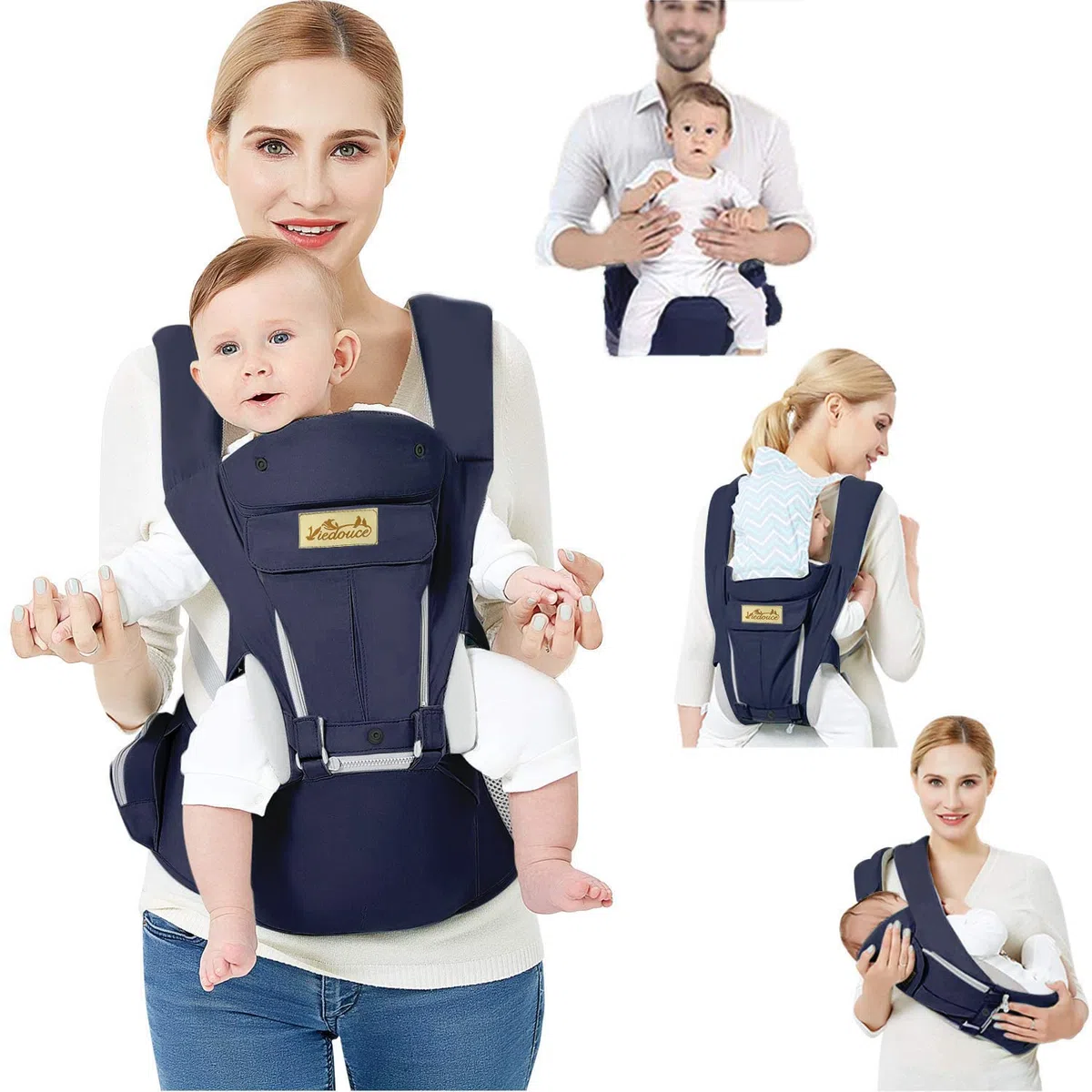 Porte bébé Ergonomique Viedouce avec Siège à Hanche, Coton Léger et Respirant, Multiposition pour Nouveau-né 3-48 Mois (3,5-20 kg)