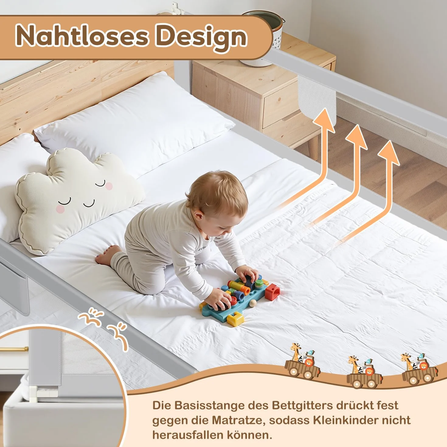 1x180CM+2x200CM Barrière de lit pour bébé, Barrière de lit Enfant Protection Contre Les Chutes, Réglable en Hauteur, Barrière de lit avec Filet aéré, Facile à Monter, Gris