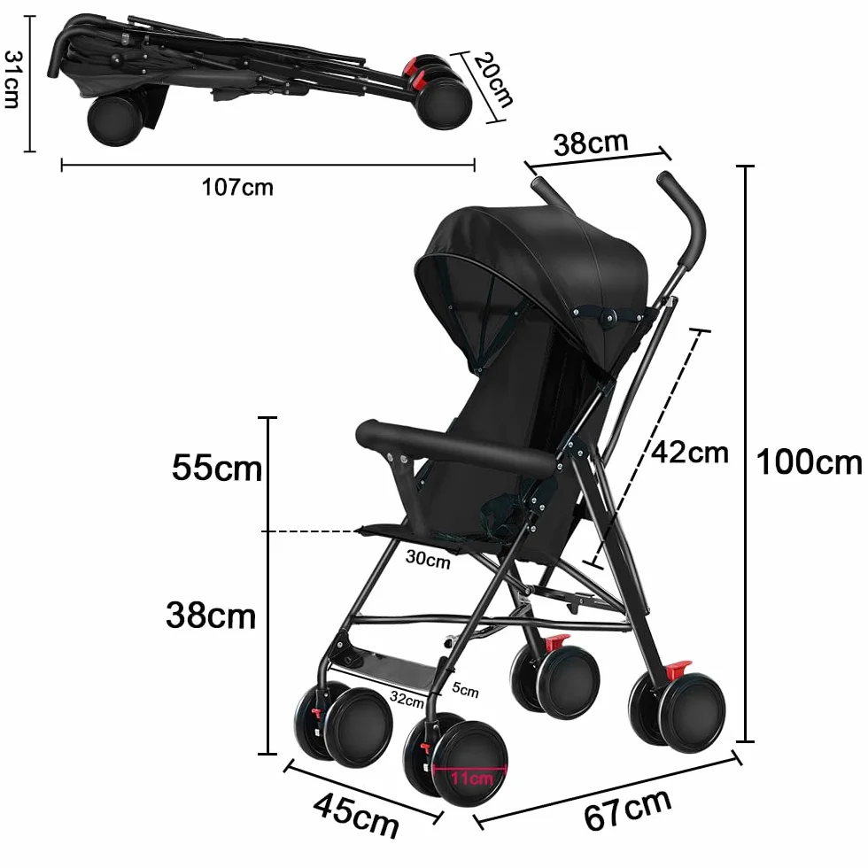 Poussette 3 en 1, Poussette Canne avec Coussin et Moustiquaire, Poussette Légère et Pliable, Poussette pour 0-4 Ans, Poussette Tout Terrain avec Frein et Panier (noir)