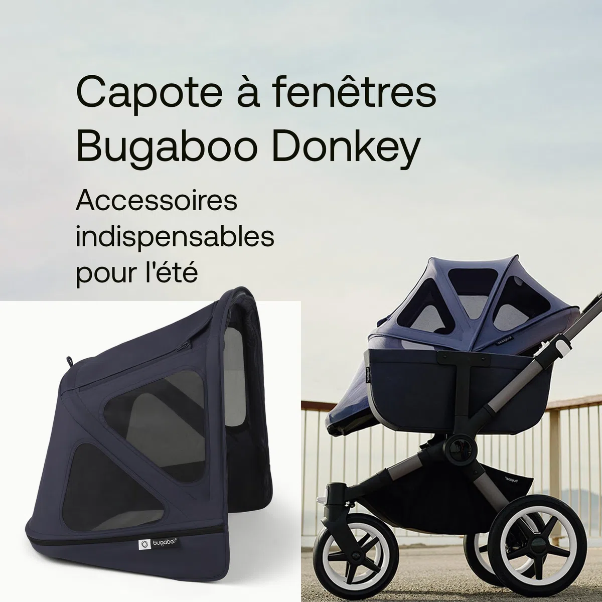 Capote à fenêtres Bugaboo Donkey, extensible pour une couverture supplémentaire et une protection solaire optimale, hydrofuge, compatible avec toutes les poussettes Bugaboo Donkey, Deep Indigo