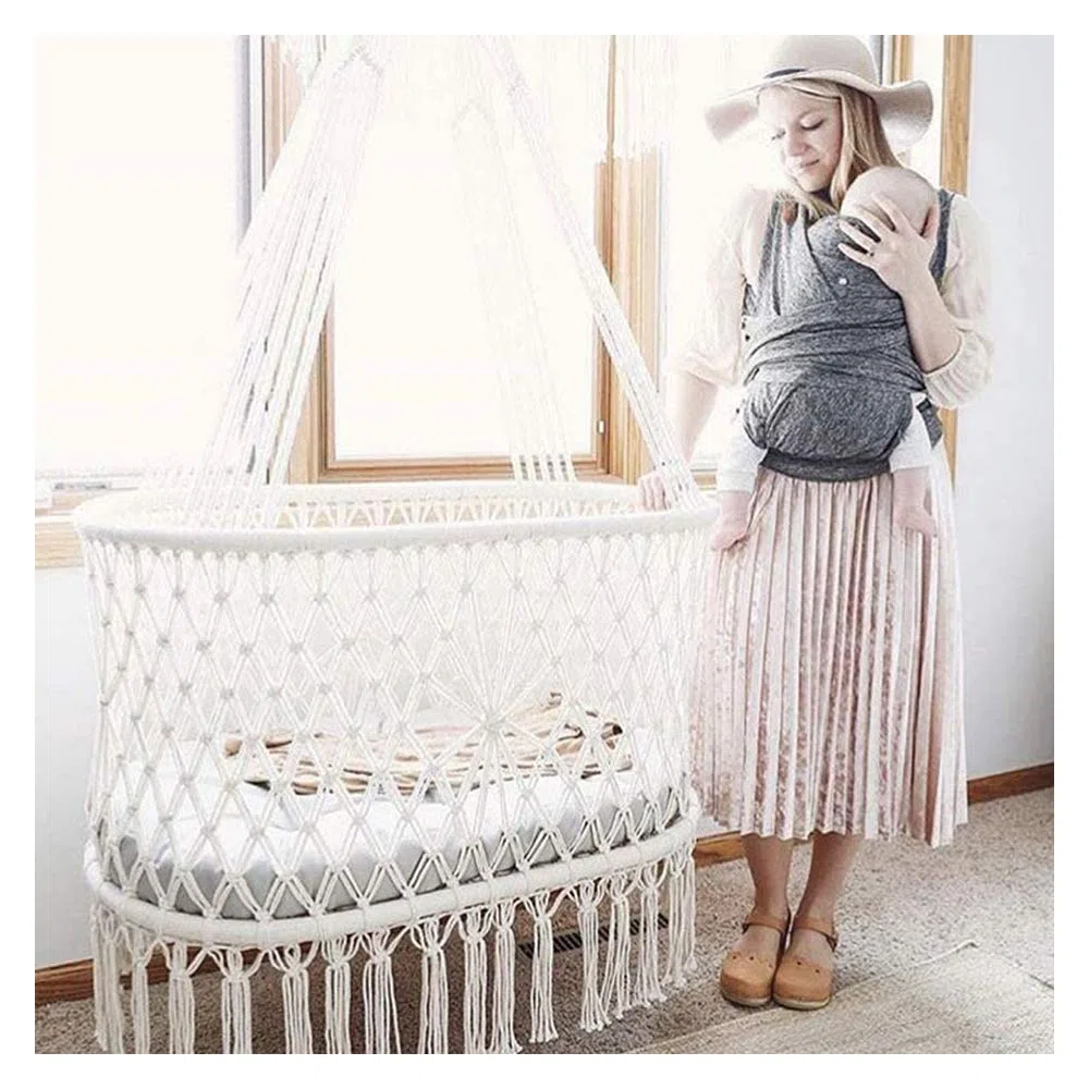 Berceau Suspendu Hamac Pour Bébé Fille/Garçon Pur Coton Tricoter Lit de né Bébé Coton tissé Corde pour garçons Filles Filet en macramé Respirant Mesures Franges Corde Macramé,Blanc,With accessories