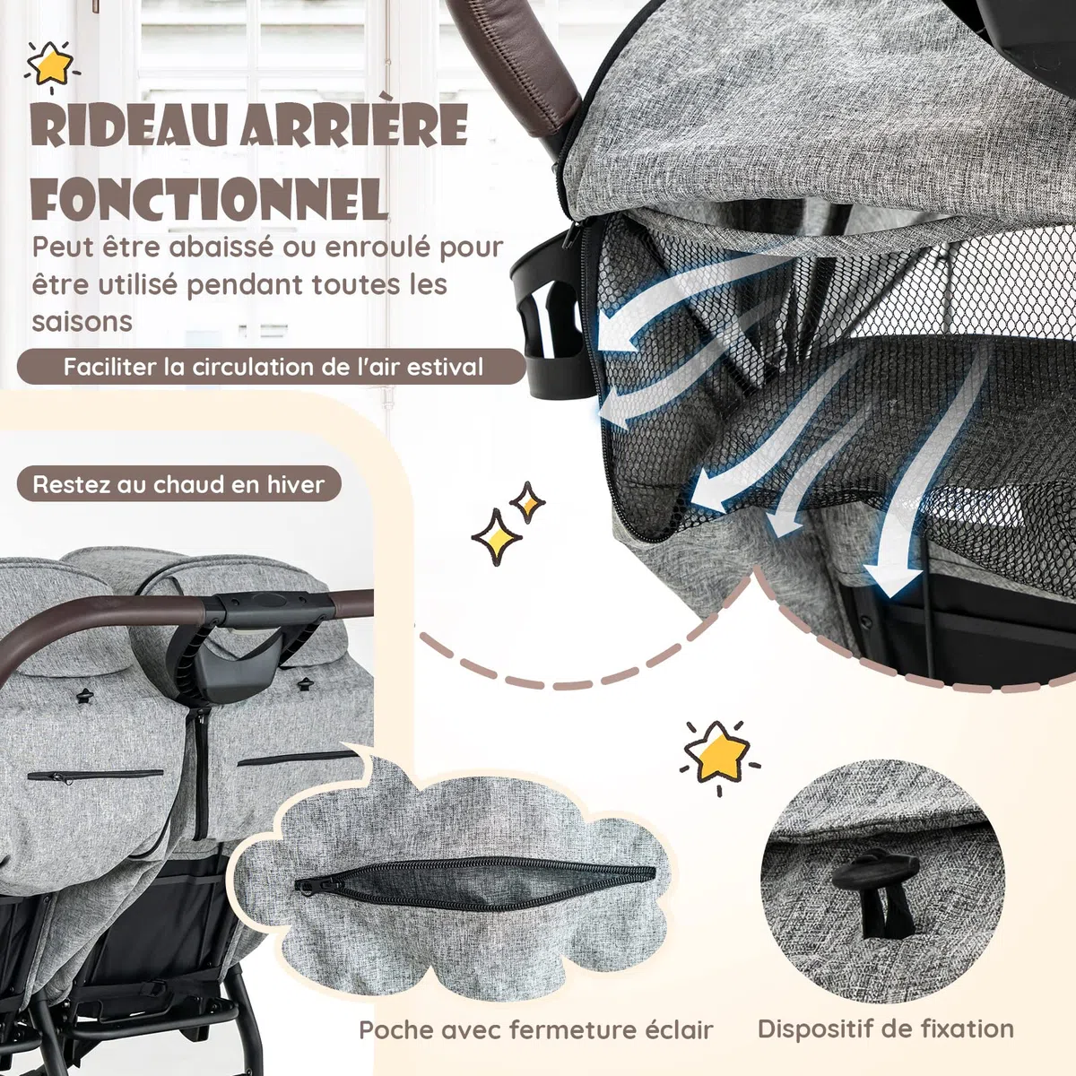 COSTWAY Poussette Canne Double avec Porte-Gobelet, Poussette Côte à Côte avec Dossier & Auvent Réglable, Pliable d'une Main, Ceinture de Sécurité, Charge 15KG pour Bébé 0 à 3 Ans
