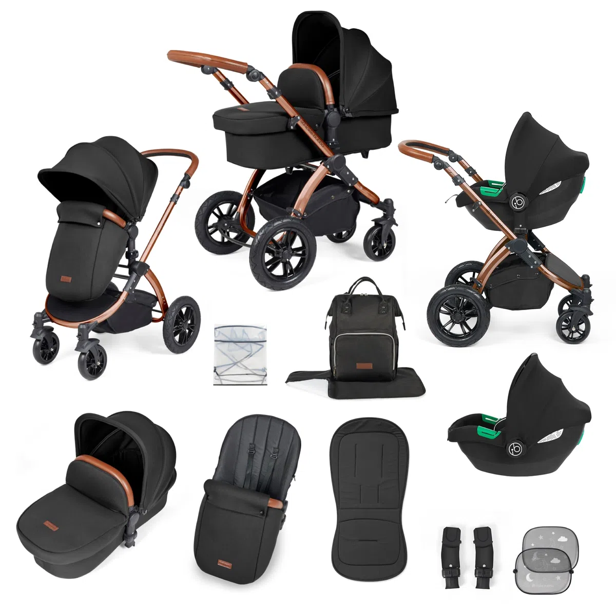 Poussette Tout-Terrain 12 pcs Ickle Bubba Stomp Luxe – Système de Voyage 3 en 1 avec Siège Auto i-Size Cirrus – Siège Réversible, Landau, Capote UPF 50+ & Accessoires (Bronze/Minuit/Tan)