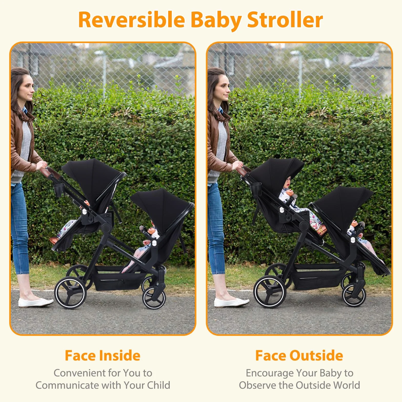 Poussette Double Légère Landau Pliable de Voyage, Poussette Tandem Compacte Avec Siéges Réversibles, Nacelle Bébé, Charge Max 30 kg, de la Naissance à 36 Mois