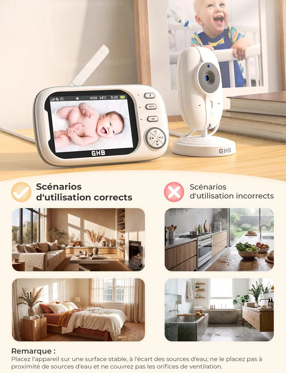 GHB Babyphone Camera Écran LCD 3,5 inches Camera Surveillance Bebe 4X Zoom 8 Berceuses sans WiFi 2,4 GHz Surveillance de Température Vision Nocturne