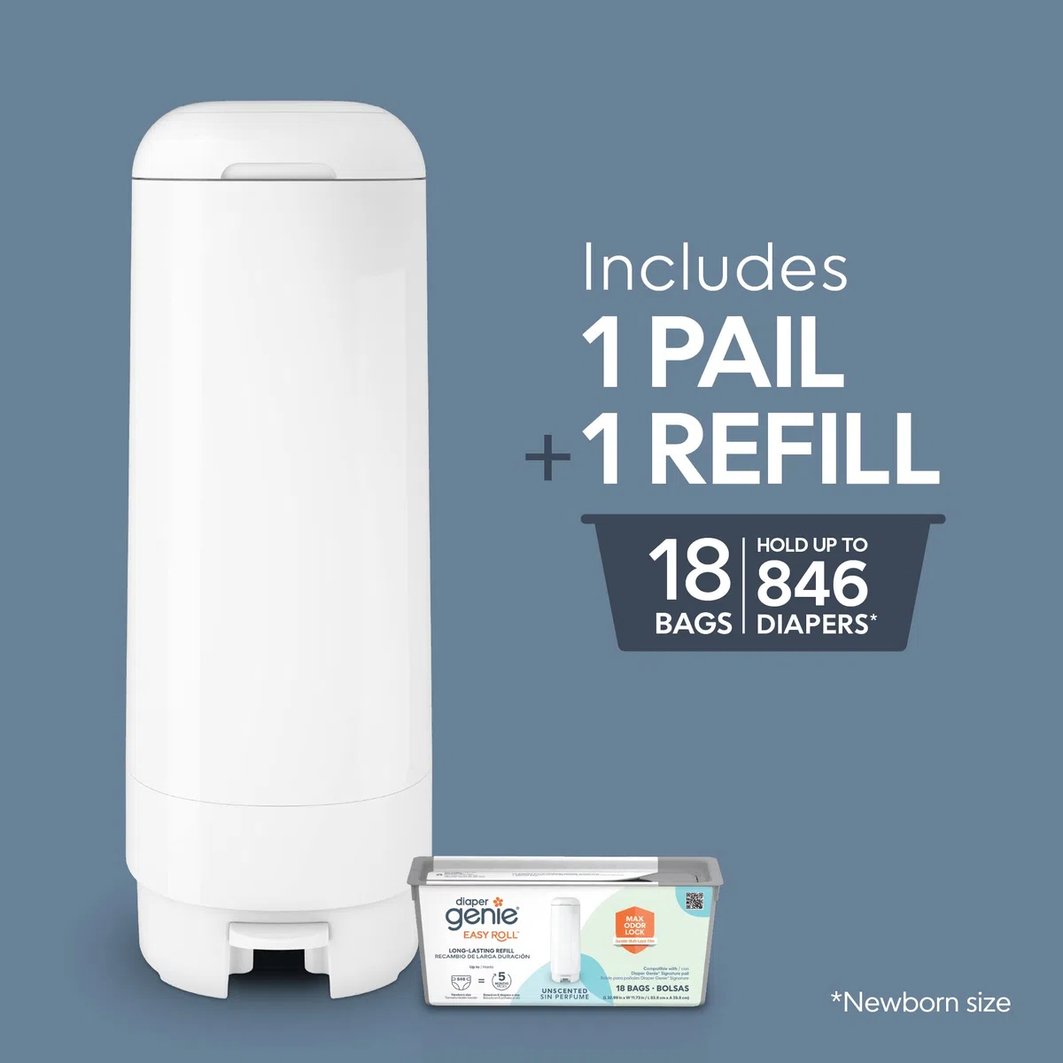 Diaper Genie Signature Seau comprend 1 recharge Easy Roll avec 18 sacs | Peut contenir jusqu'à 846 couches de la taille d'un nouveau-né par recharge