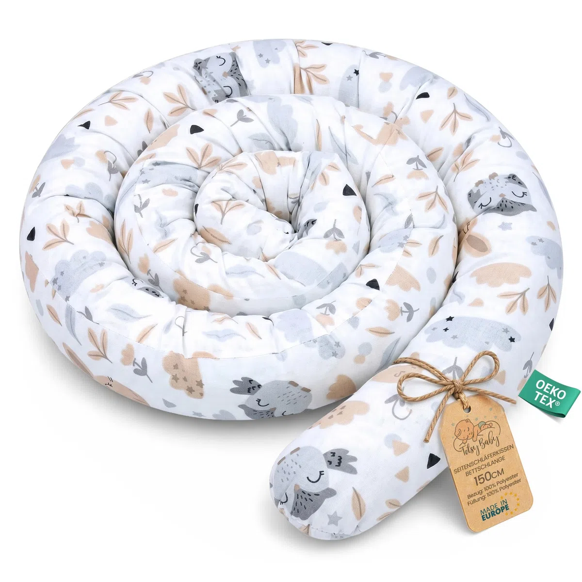 Totsy Baby Coussin serpentin XXL Roulé de lit Bordure - 150 cm - d’Allaitement décoratif Protection Bord Serpent XL Fait Main Motif Hiboux Gris Clair Certificat Oeko-Tex