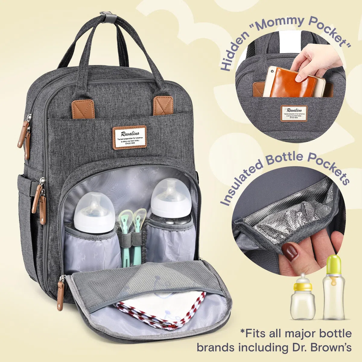 RUVALINO Sac à dos à langer Grand avec sac multifonctionnel pour bébé et matelas mobile - Porte-sucette - Taille unique
