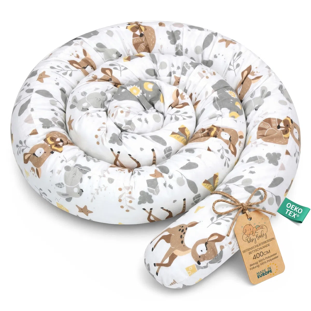 Totsy Baby Coussin serpentin XXL Roulé de lit Bordure - 400 cm - d’Allaitement décoratif Protection Bord Serpent XL Fait Main Motif Cerf Marron Certificat Oeko-Tex