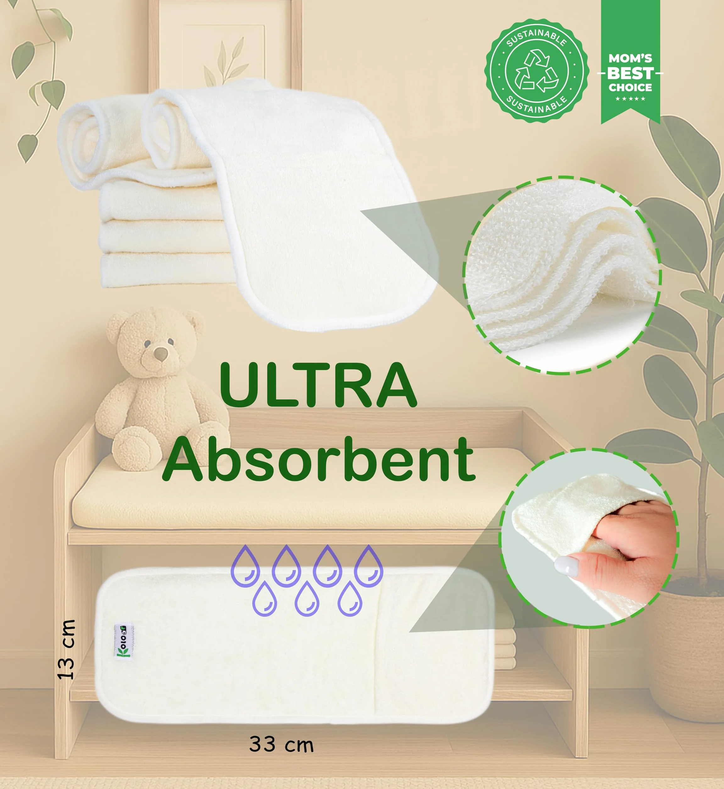 KOLO - Lot de 5 inserts absorbants - 4 couches, 100% bambou lavable et réutilisable. Kit de haute qualité, doublures adaptées à toutes les couches réutilisables. Boîte cadeau incluse