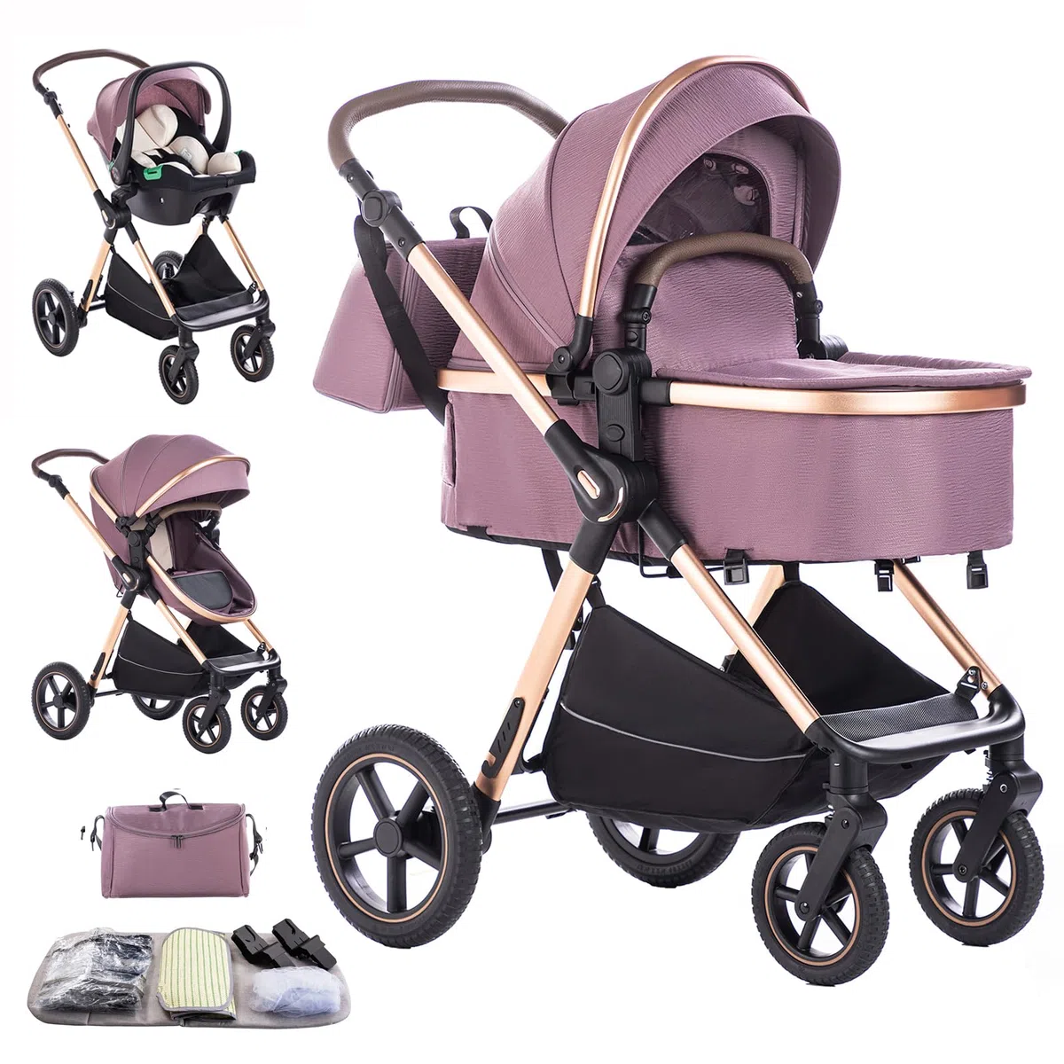 Compact Combined Stroller 3 in 1 High Landscape Quadruple Folding Baby Stroller 0-4 Years (D2 Purple, H2-D)
