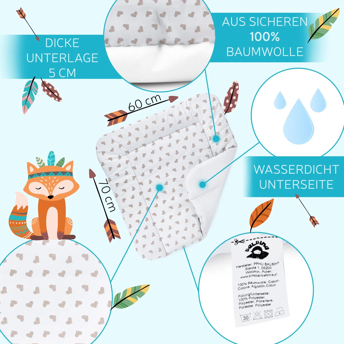 Balbina Matelas à langer, en coton, doux, lavable, 60 x 70 cm, motif cœurs, beige