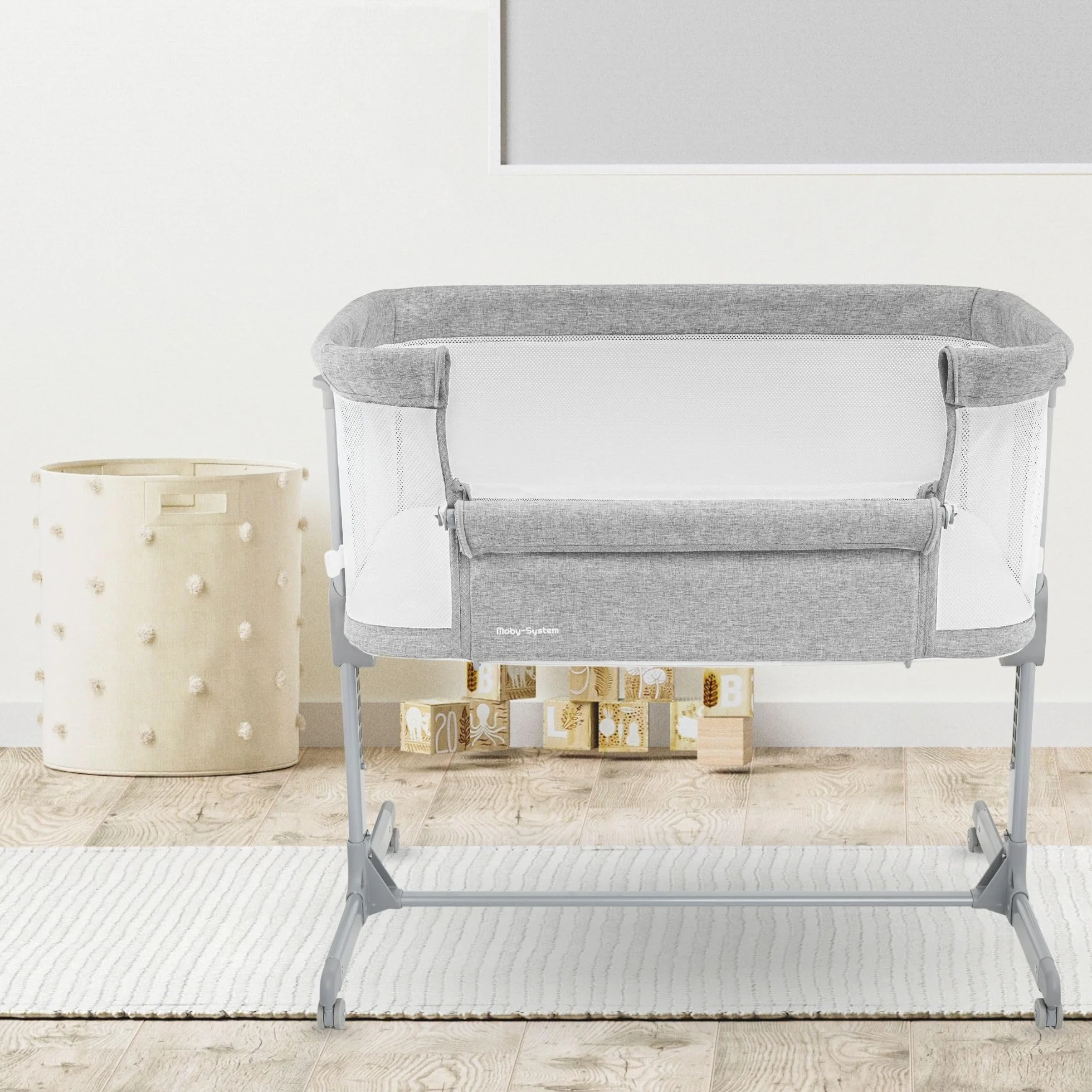 Lit Parapluie Bébé 3 en 1 Moby-System Luna avec Matelas, Cododo jusqu'à 9 kg, Hauteur Réglable 7 Niveaux